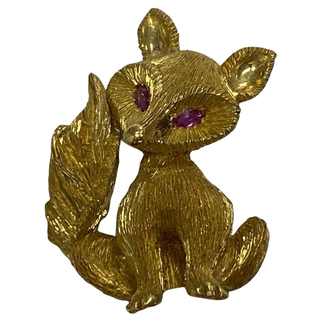 18k Yellow Gold George Lederman Fox Brooch with Ruby Eyes