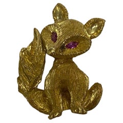18k Yellow Gold George Lederman Fox Brooch with Ruby Eyes
