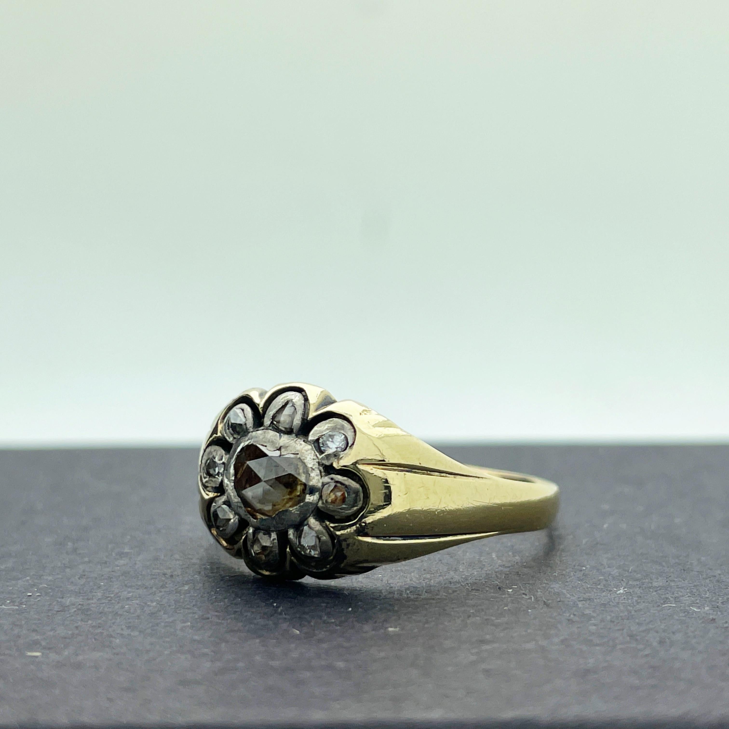 Here is a lovely 18k Yellow Gold Antique 18th century Georgian Rose Cut Diamond Ring.

This Georgian era diamond ring features a center approx. 0.25ct rose oval cut diamond measuring approx. 5.50mm - 4.50mm (in diameter). Center diamond is pique