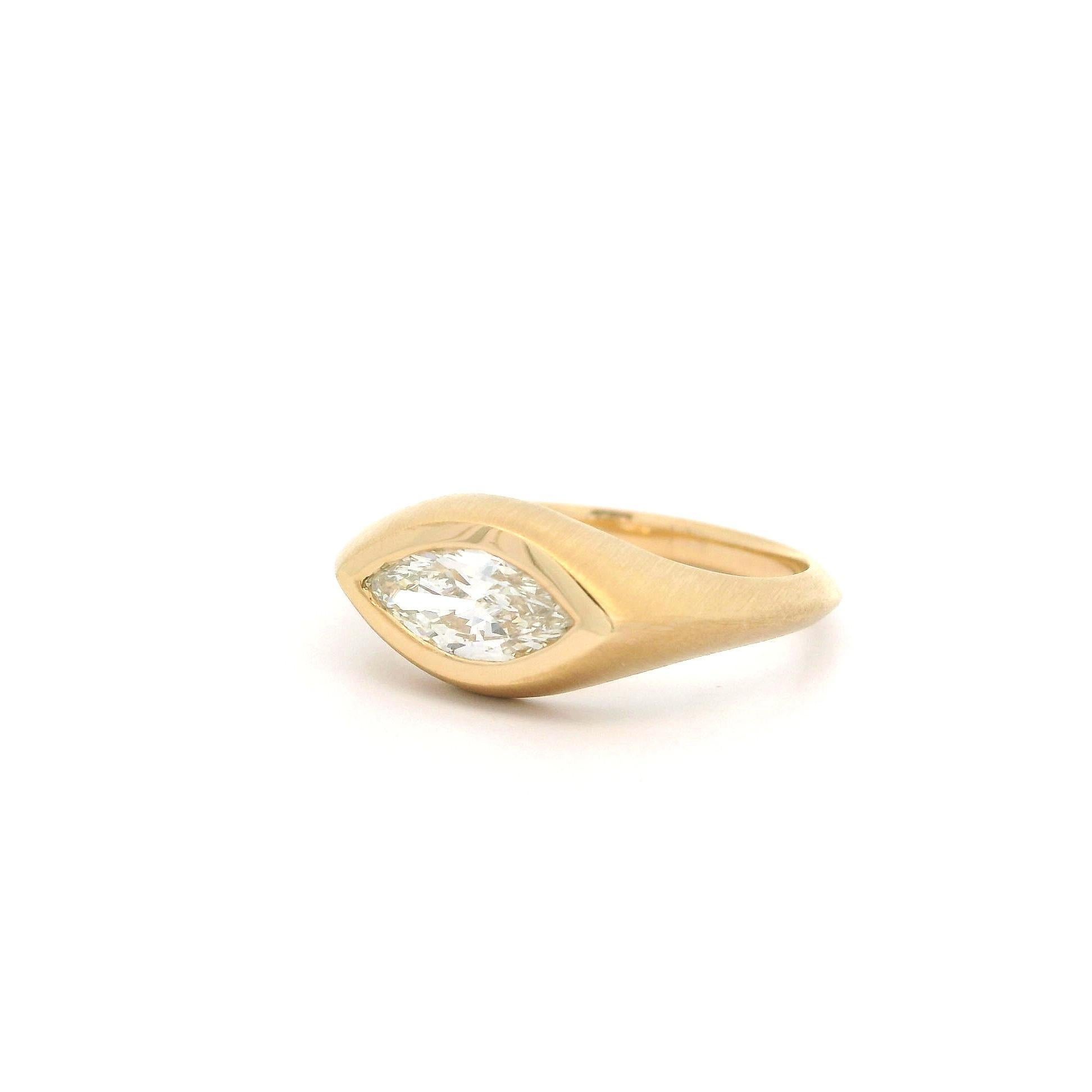 18k Yellow Gold GIA 0.71ct Marquise Cut Bezel Low Profile Diamond Brushed Ring 6