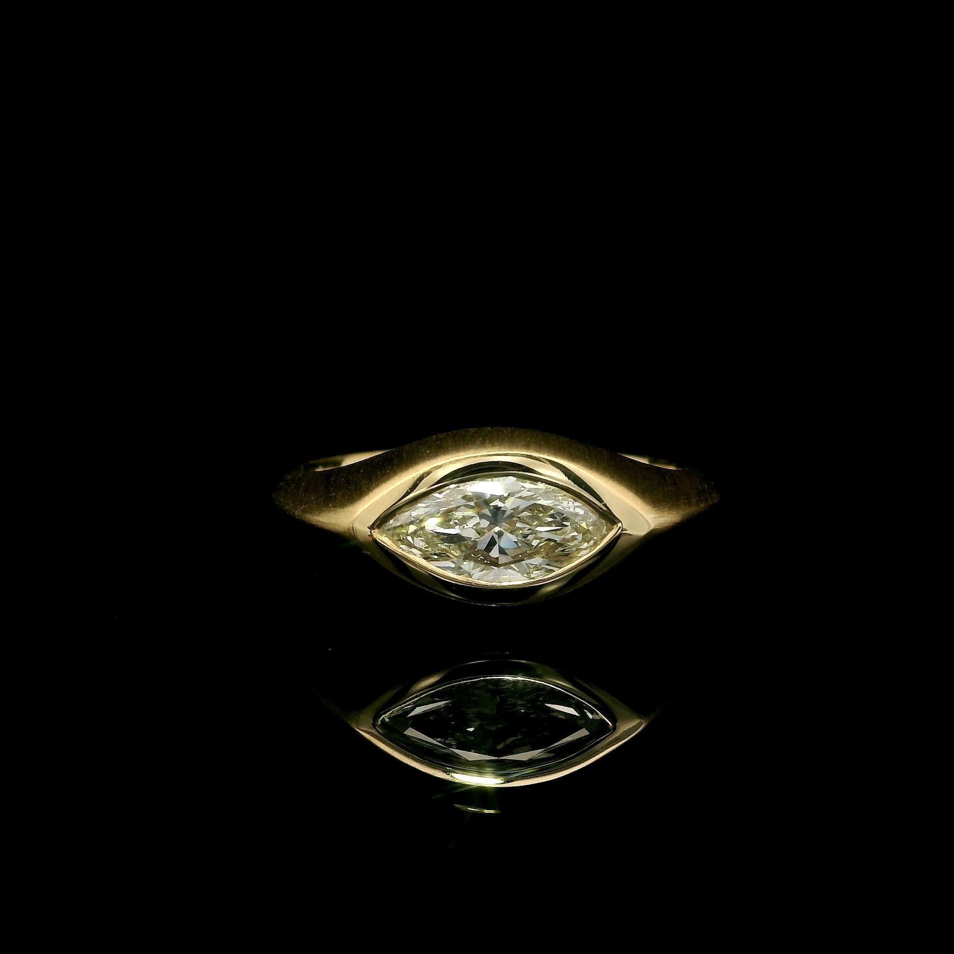 18k Yellow Gold GIA 0.71ct Marquise Cut Bezel Low Profile Diamond Brushed Ring 2
