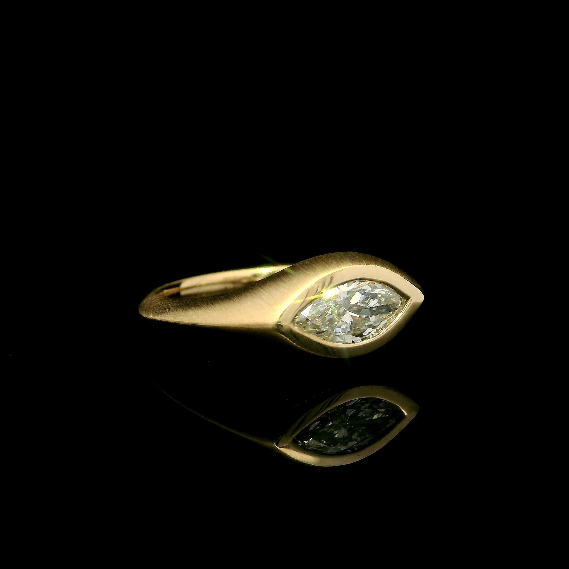 18k Yellow Gold GIA 0.71ct Marquise Cut Bezel Low Profile Diamond Brushed Ring 3