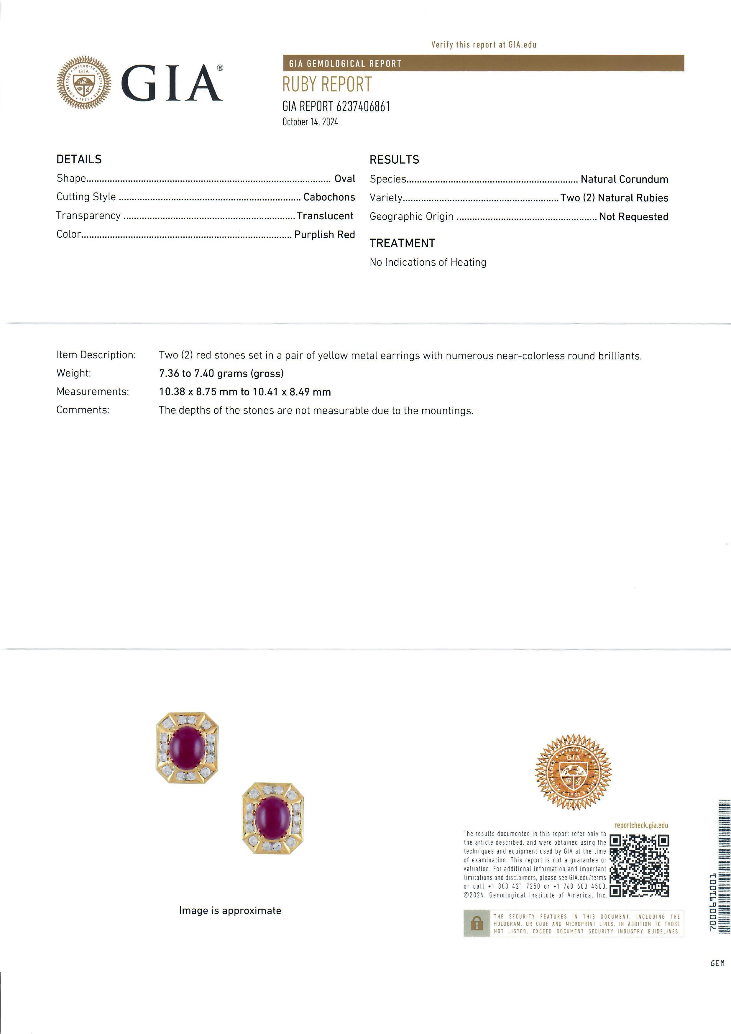 Orecchini Omega a bottone con rubino cabochon e diamante in oro giallo 18k GIA 11ctw No Heat in vendita 1