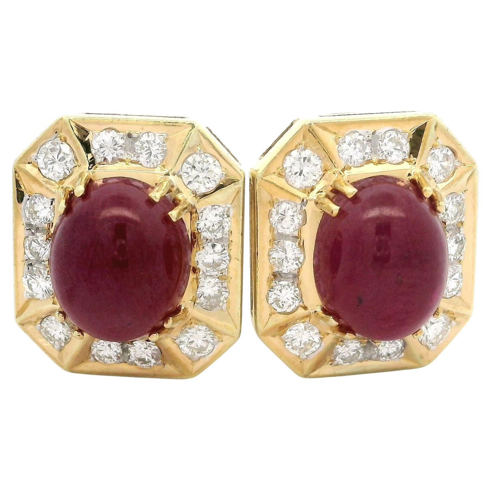 18k Yellow Gold GIA 11ctw No Heat Cabochon Ruby & Diamond Button Omega Earrings