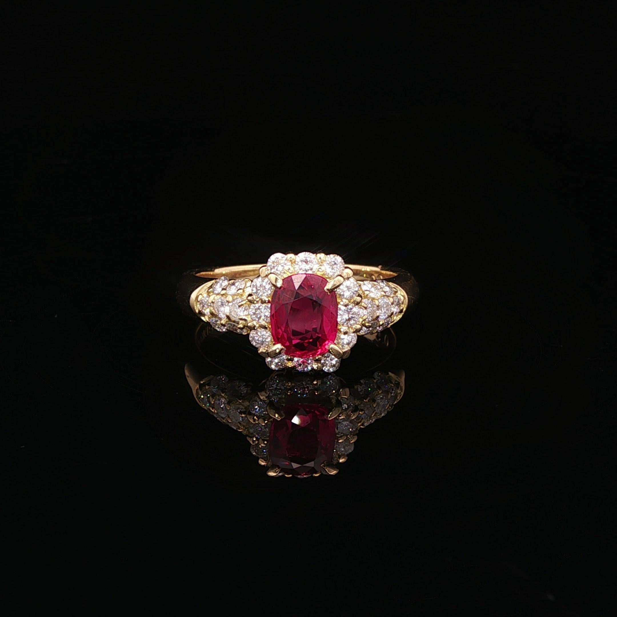 Bague en or jaune 18k GIA 1.26ctw High Quality No Heat Vivid Diamonds Red Ruby en vente 12