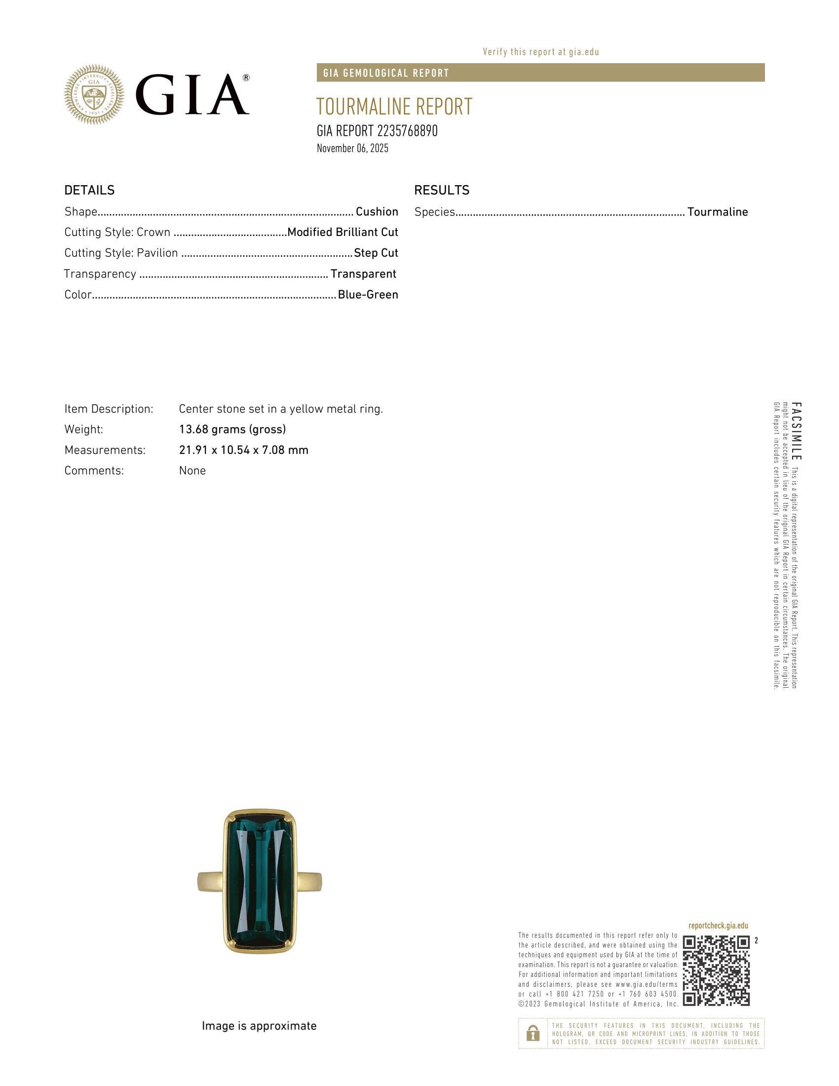 Bague solitaire en or jaune 18k GIA 14.37ct Blue Green Long Cushion Tourmaline en vente 7
