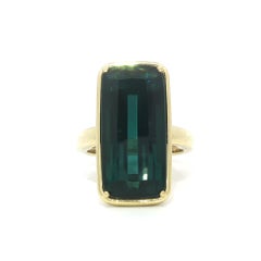 Anello solitario con tormalina blu verde lunga a cuscino in oro giallo 18k GIA 14,37ct
