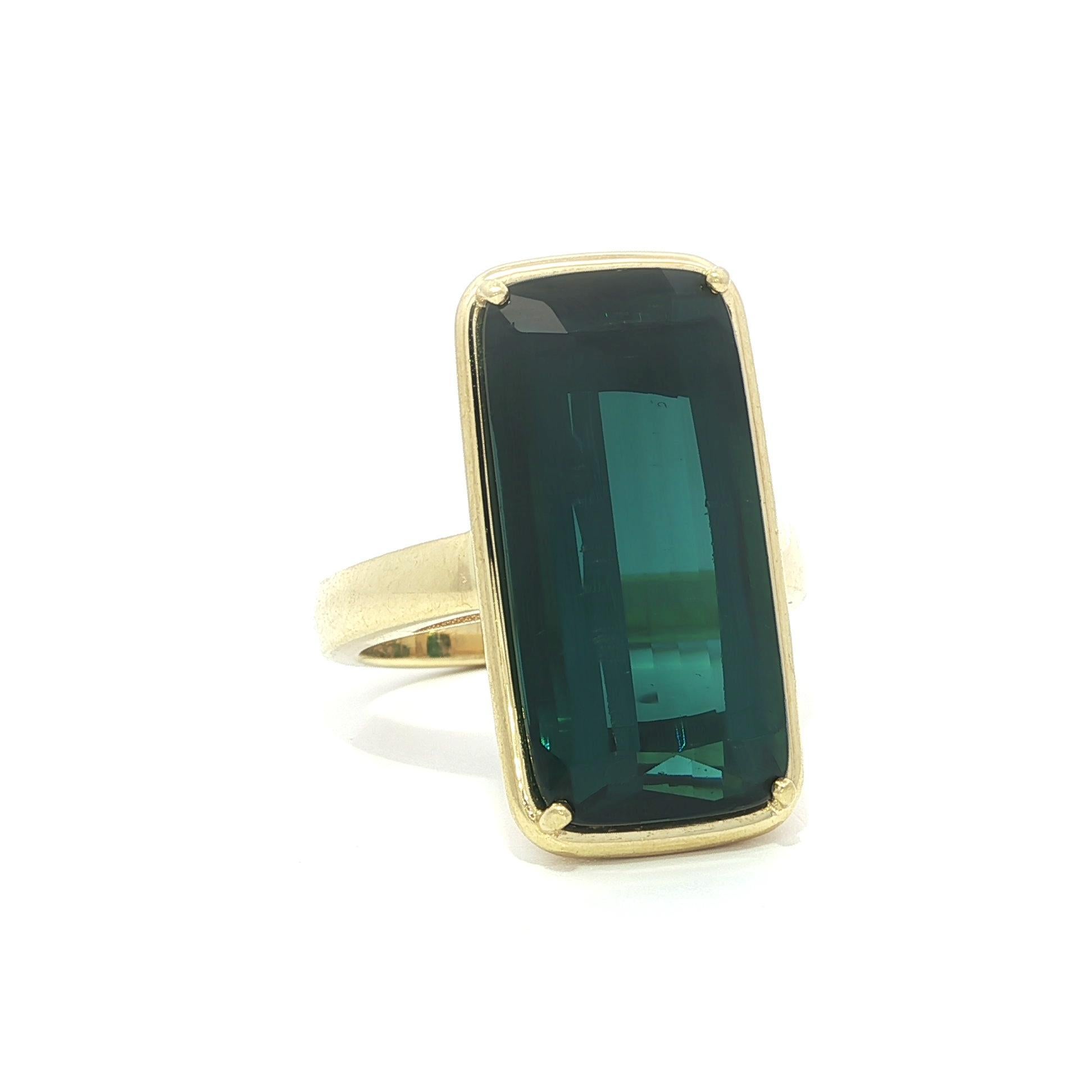 Taille coussin Bague solitaire en or jaune 18k GIA 14.37ct Blue Green Long Cushion Tourmaline en vente