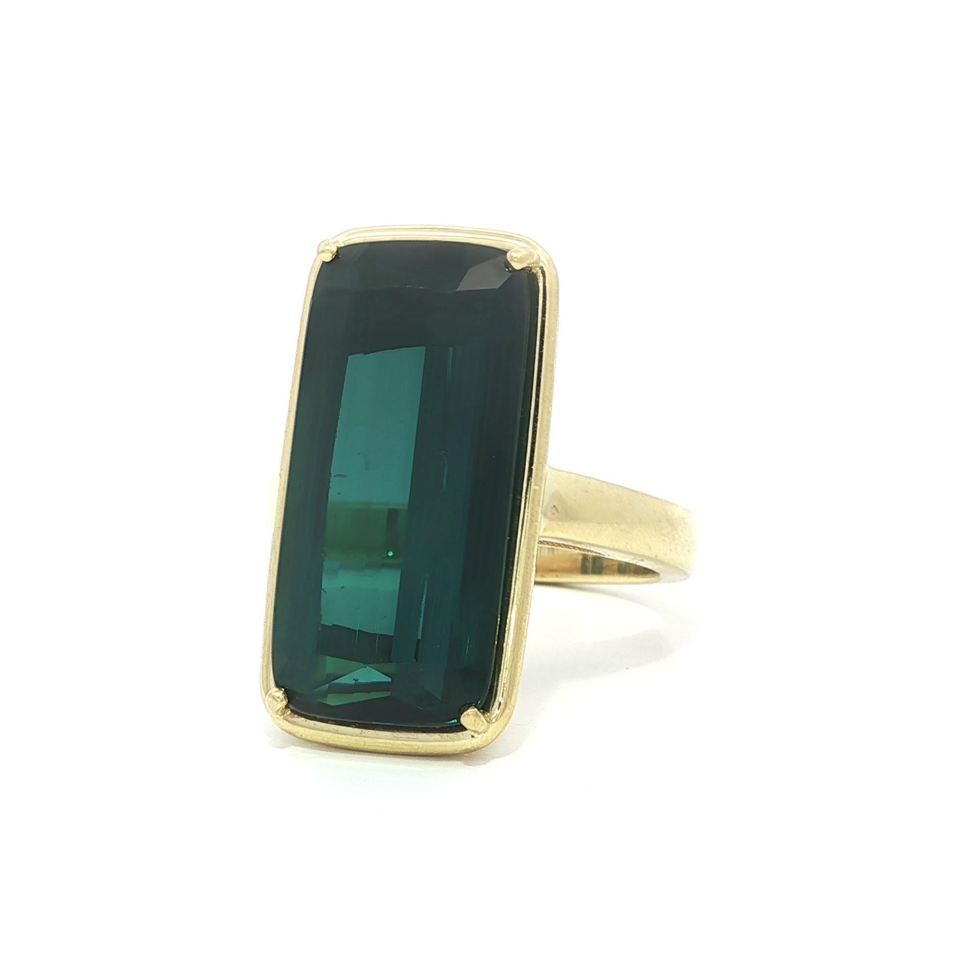 Bague solitaire en or jaune 18k GIA 14.37ct Blue Green Long Cushion Tourmaline en vente 2