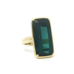 18k Yellow Gold GIA 14.37ct Blue Green Long Cushion Tourmaline Solitaire Ring