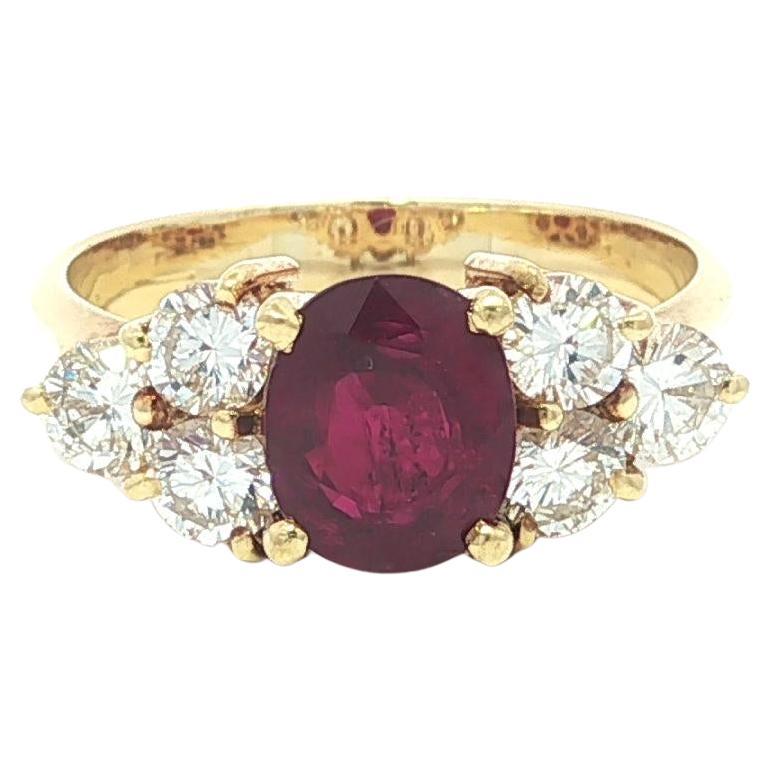 18k Yellow Gold GIA 1.85ctw High Quality Oval Ruby & Diamond Cluster Sides Ring