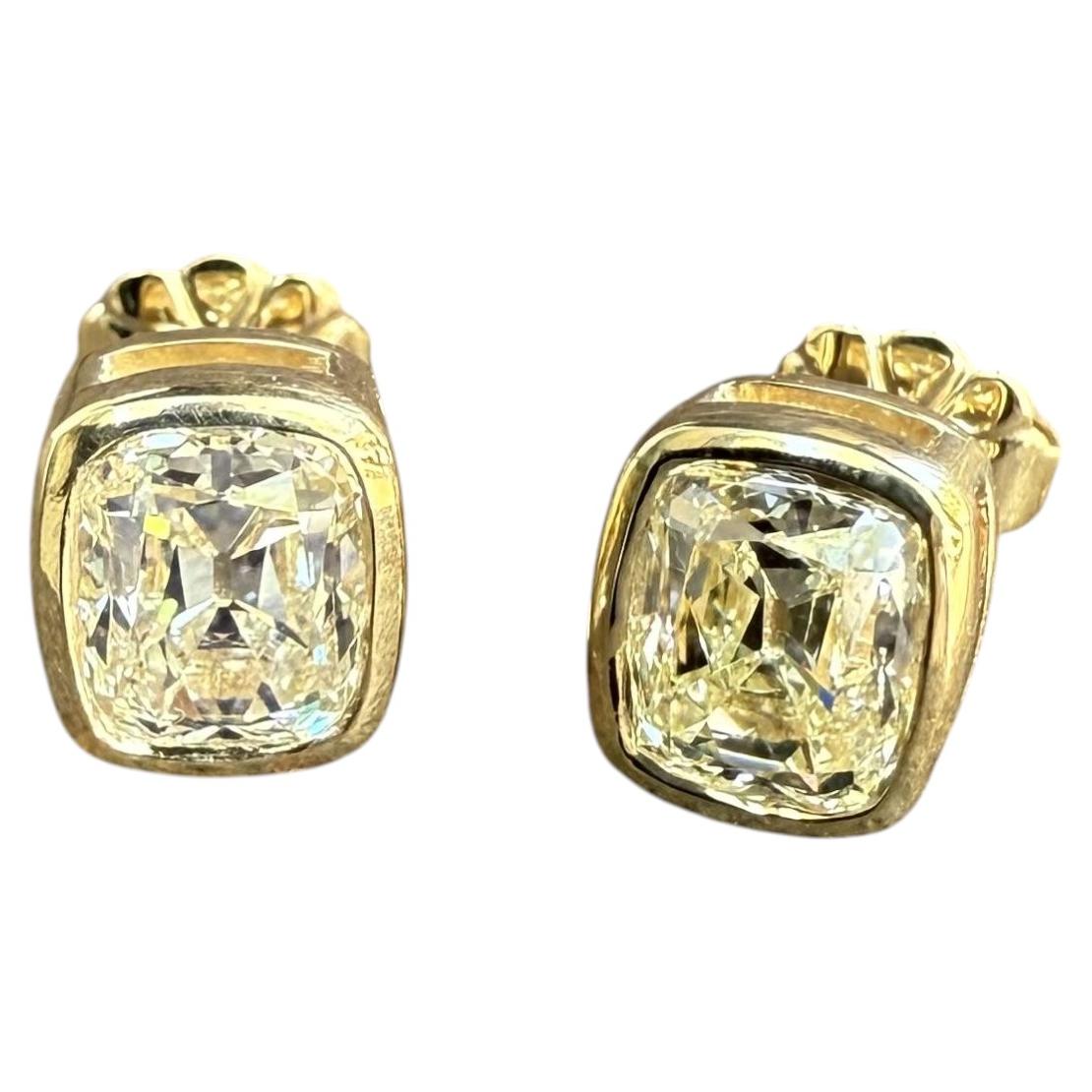 18k Yellow Gold GIA 2.13ctw Old Mine Cushion Diamond Bezel Stud Earrings