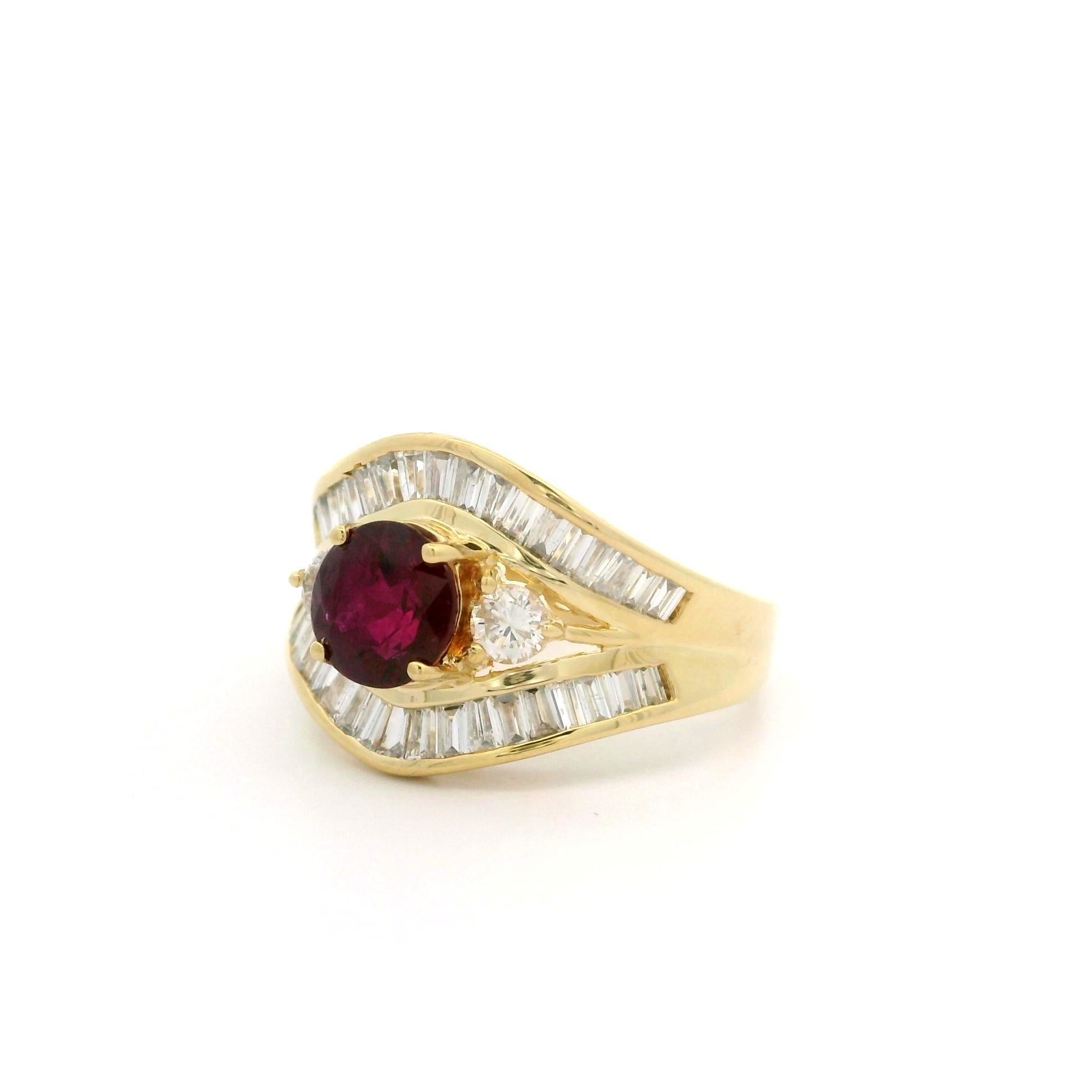 --Stone(s):--
(1) Natural Genuine Ruby - Round Brilliant Cut - Prong Set - HEATED - Rich Red Color - 1.17ct (exact. certified & stamped)
** See Certification Details Below for Complete Info **
Numerous Natural Genuine Diamonds - Numerous Baguette &
