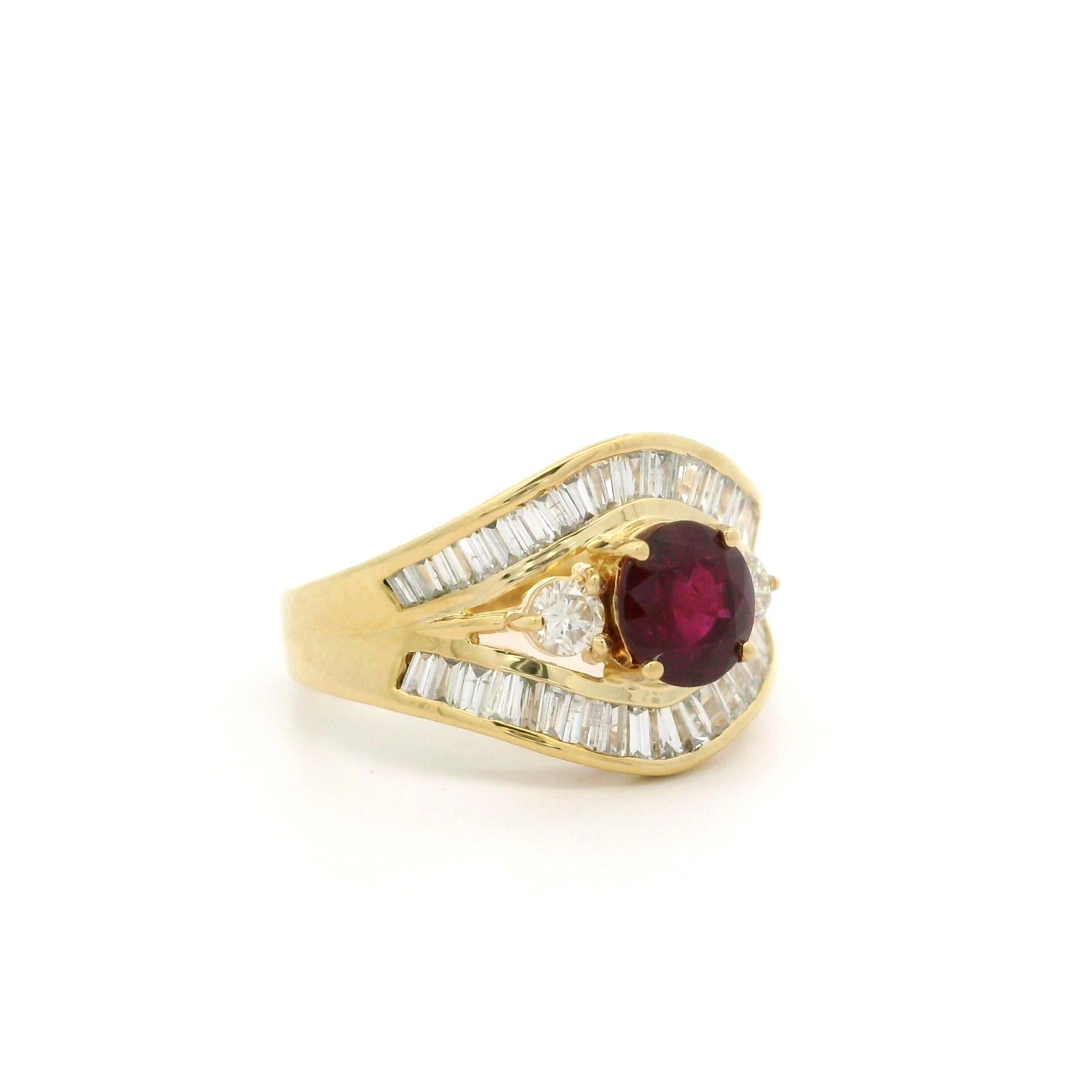 Brilliant Cut 18k Yellow Gold GIA 2.25ctw Ruby & Baguette Diamond Wide Cocktail Band Ring For Sale