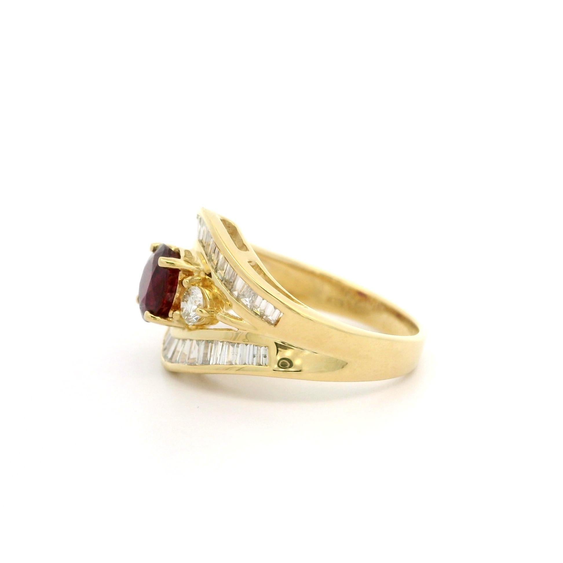 Women's 18k Yellow Gold GIA 2.25ctw Ruby & Baguette Diamond Wide Cocktail Band Ring For Sale
