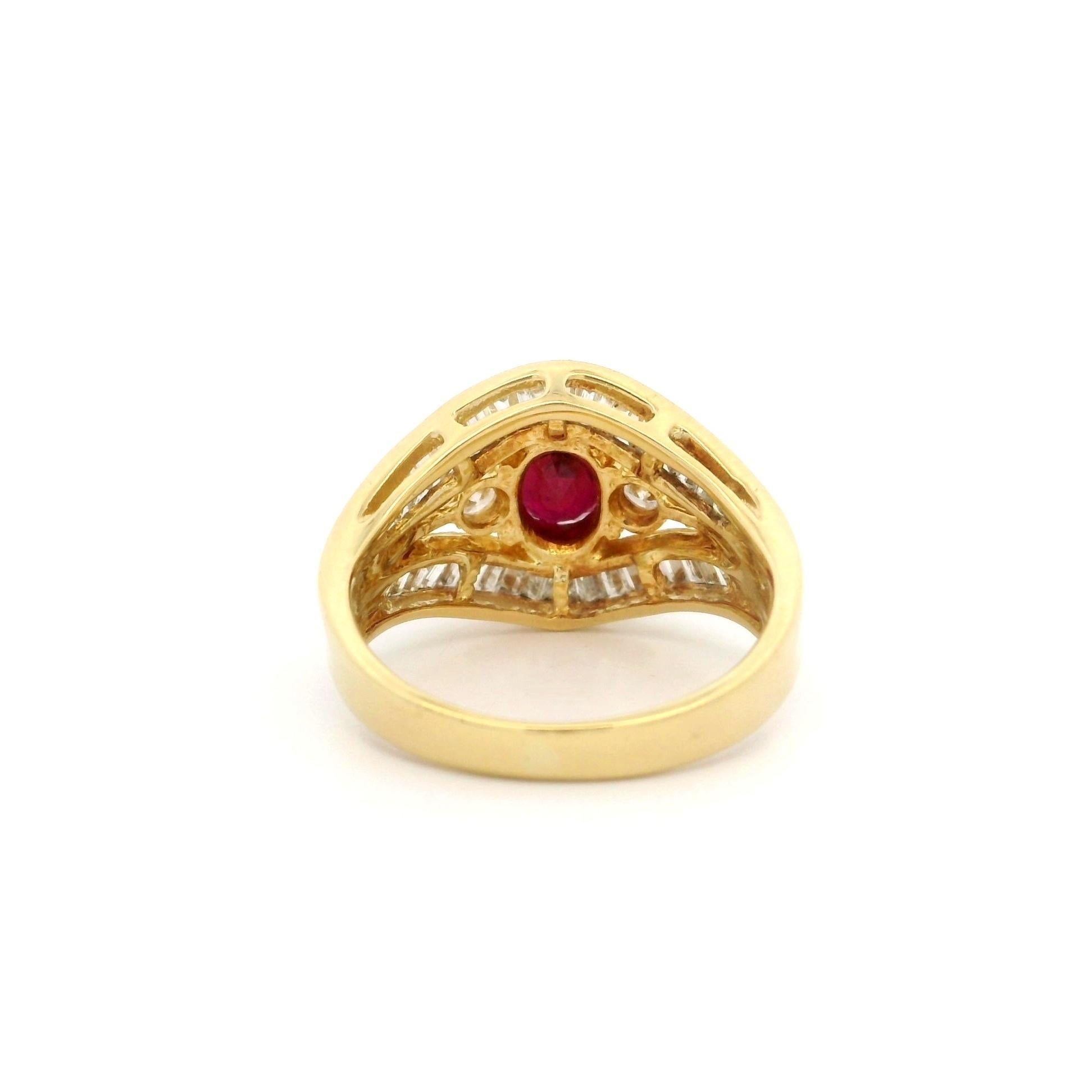 18k Yellow Gold GIA 2.25ctw Ruby & Baguette Diamond Wide Cocktail Band Ring For Sale 1