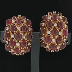 18K Yellow Gold GIA 25.85ctw Cabochon Ruby & Diamond Cuff Statement Earrings