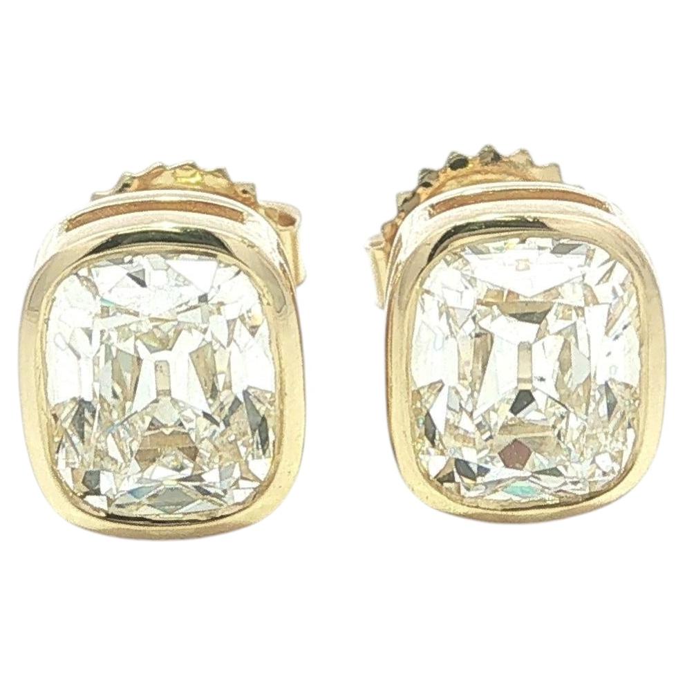 18k Yellow Gold GIA 3.21ctw Old Mine Cut Cushion Diamond Bezel Stud Earrings