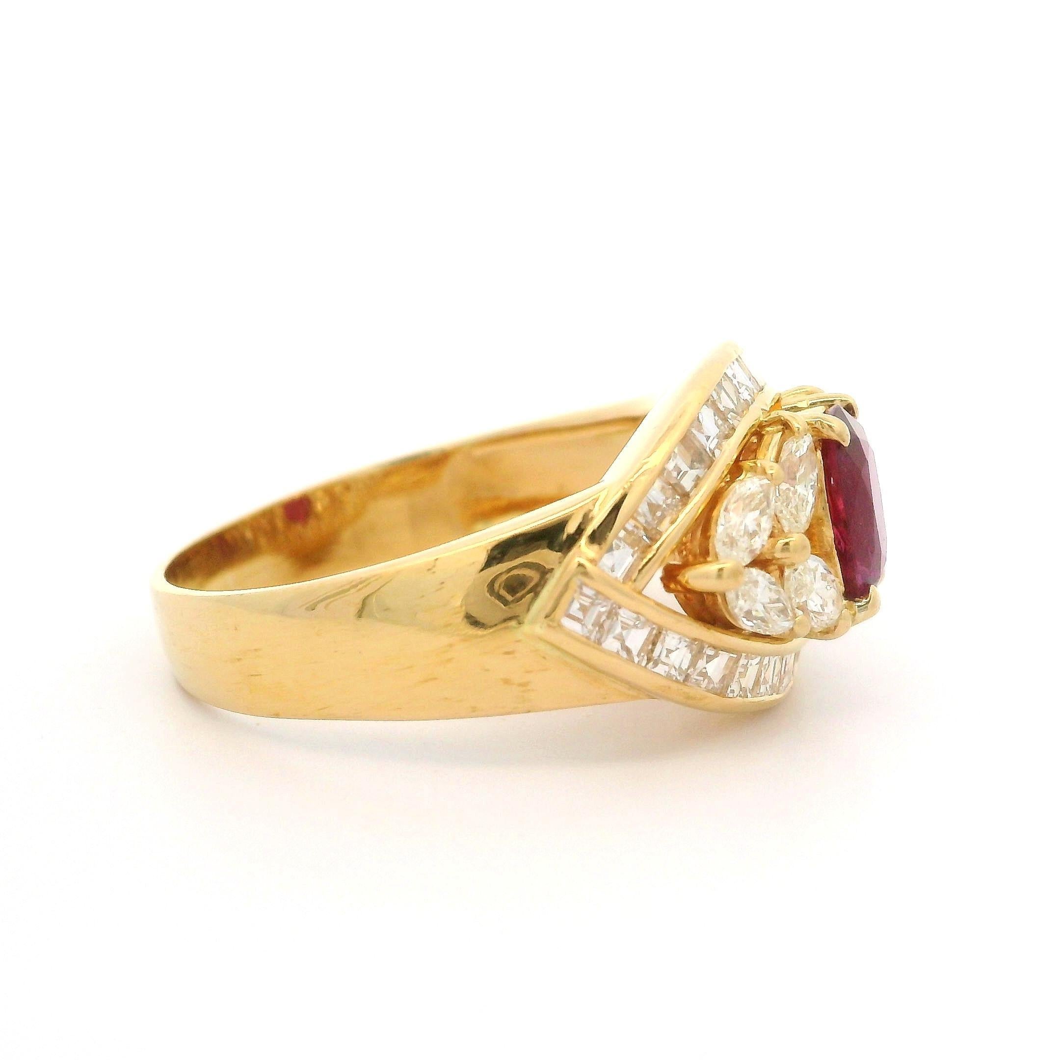 --Stone(s):--
(1) Natural Genuine Ruby - Oval Brilliant Cut - Prong Set - HEATED - Red Color - 1.25ct (approx.)
** See Certification Details Below for Complete Info **
(8) Natural Genuine Diamonds - Marquise Cut- Prong Set - Fancy Yellow Color -