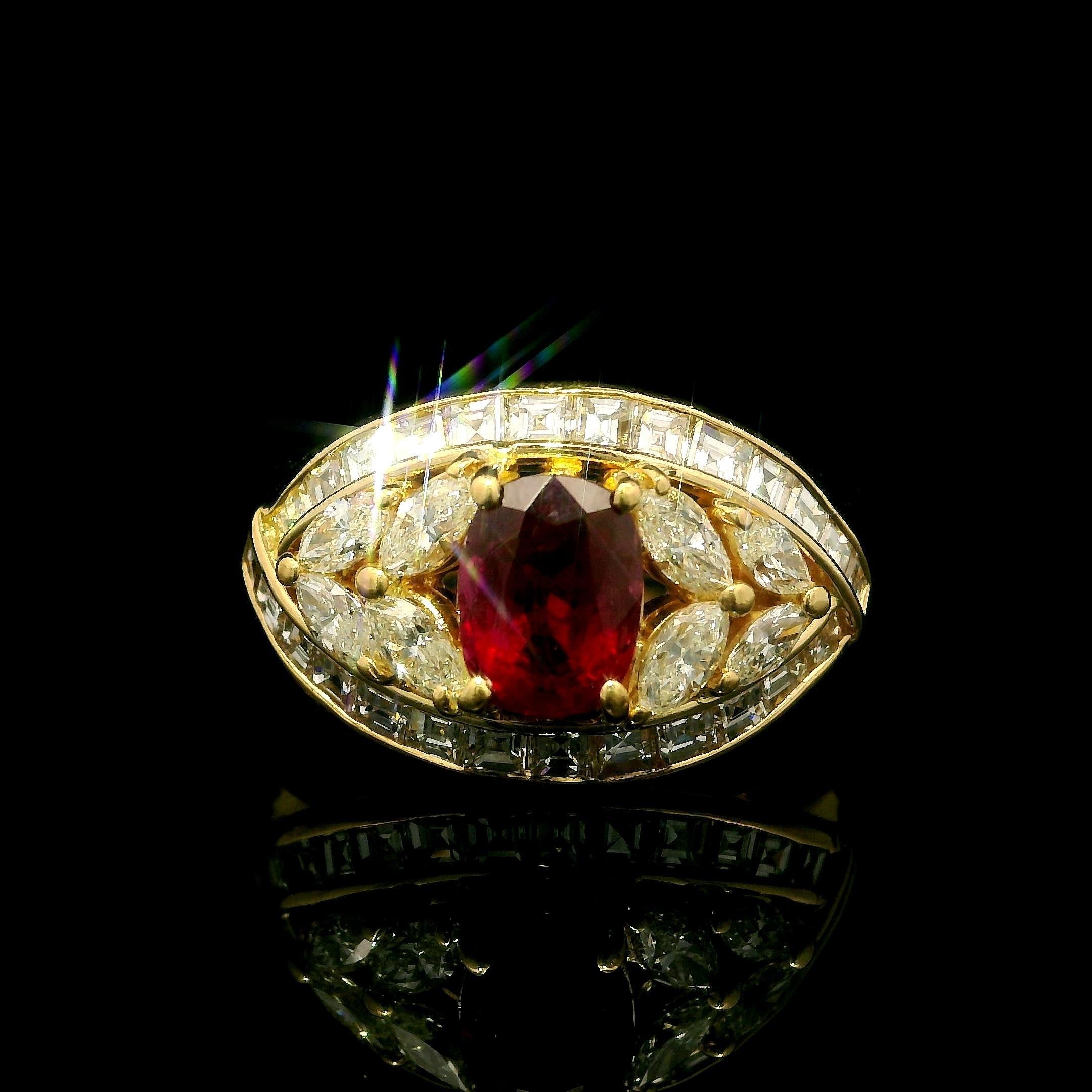 Women's 18k Yellow Gold GIA 3.27ctw High Quality Ruby & Fancy Diamond Wide Band Ring For Sale