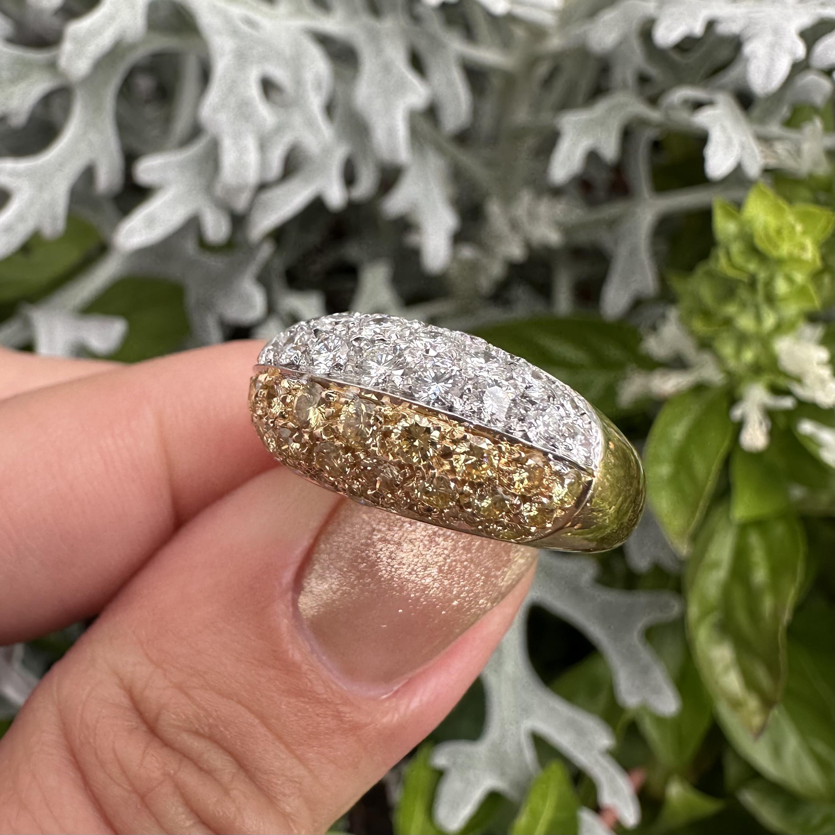 18k Yellow Gold GIA 3ctw Half Fancy Yellow & White Pave Diamond Bombe Band Ring For Sale 6