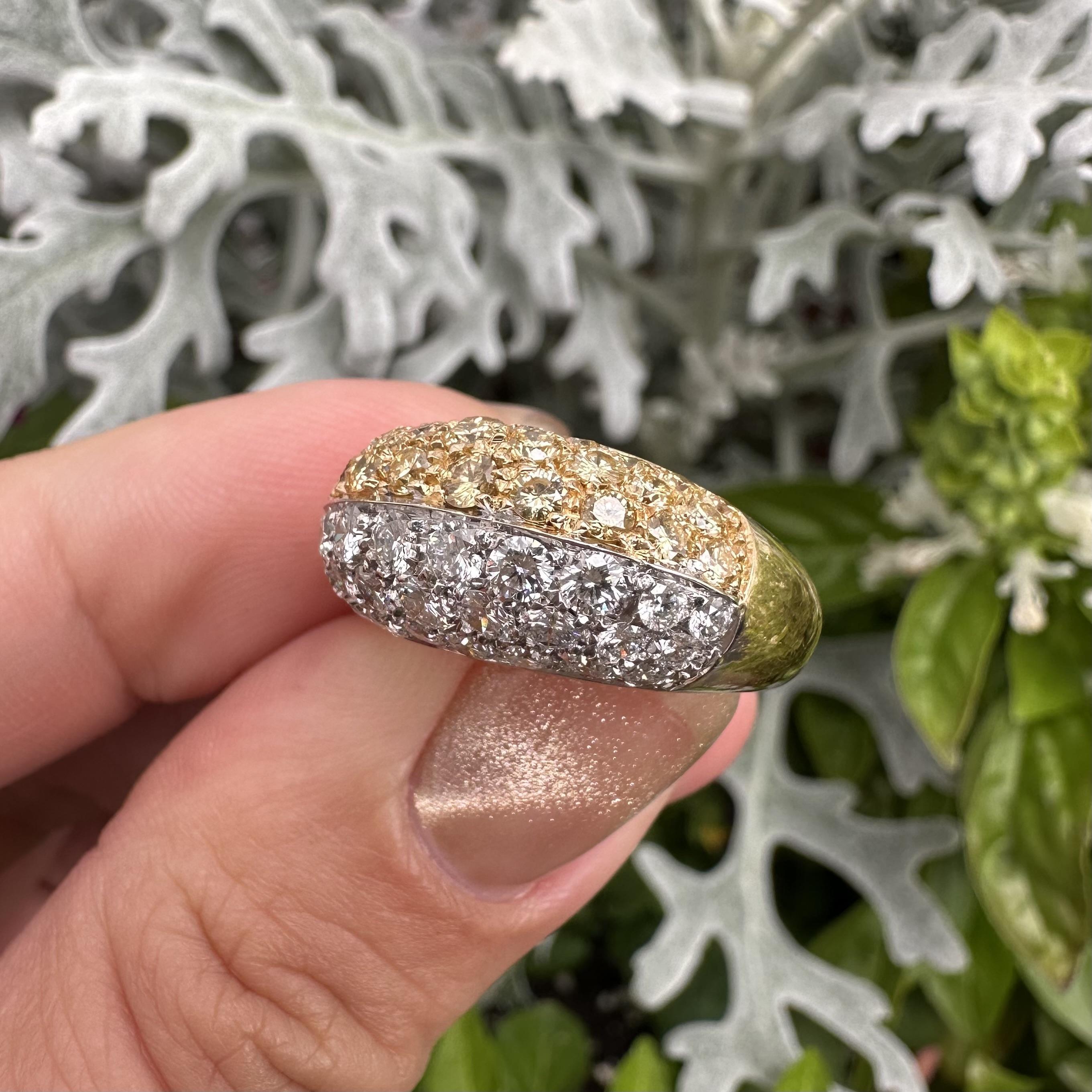 18k Yellow Gold GIA 3ctw Half Fancy Yellow & White Pave Diamond Bombe Band Ring For Sale 7