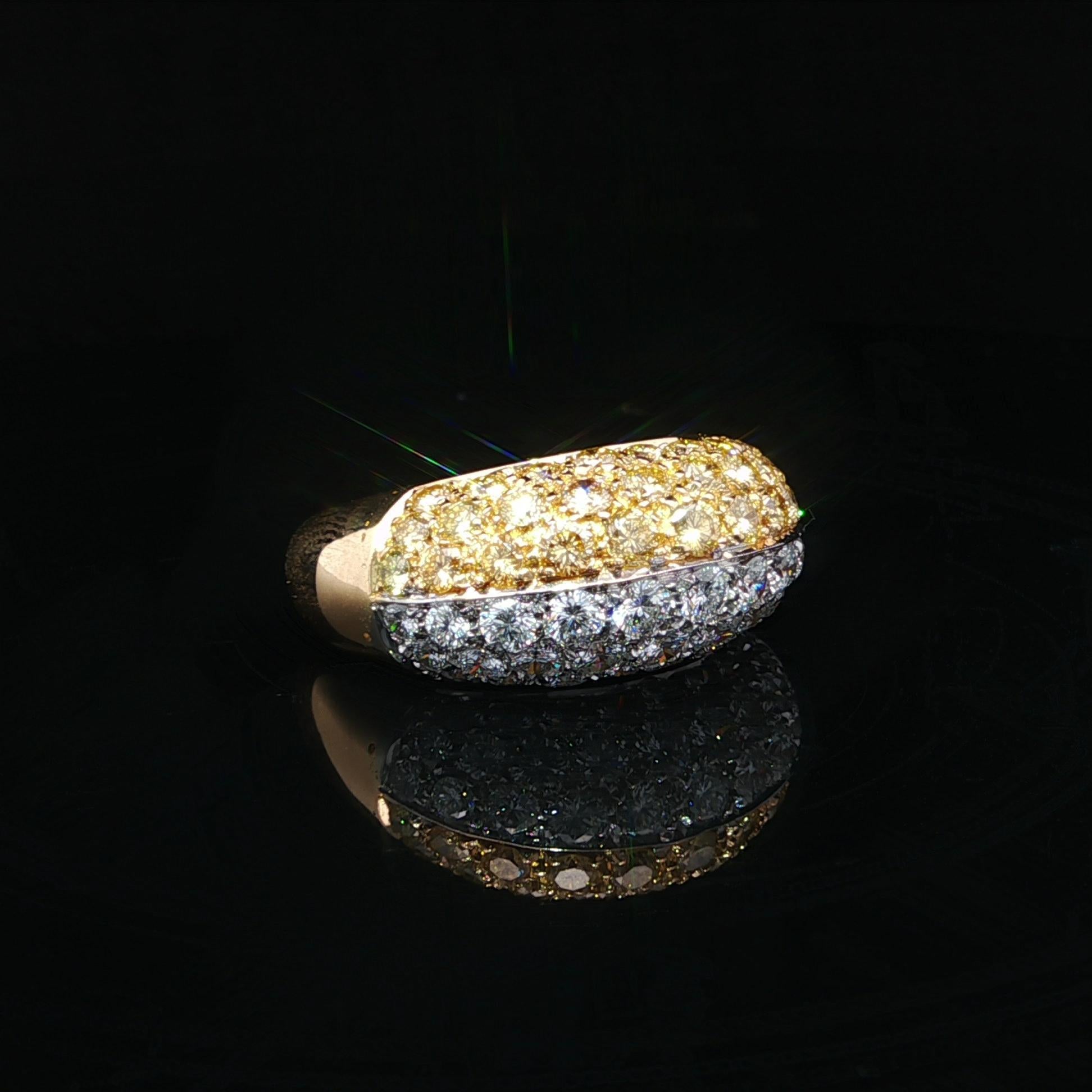 Women's 18k Yellow Gold GIA 3ctw Half Fancy Yellow & White Pave Diamond Bombe Band Ring For Sale