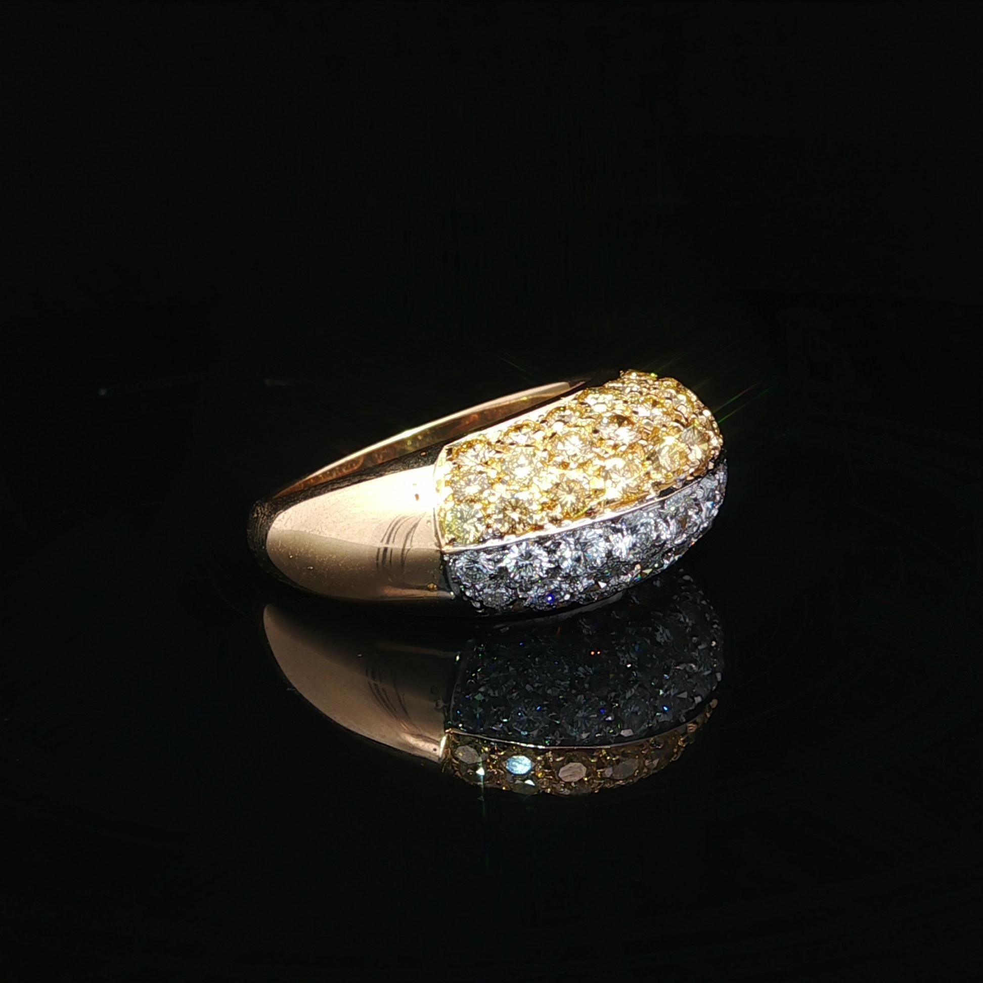 18k Yellow Gold GIA 3ctw Half Fancy Yellow & White Pave Diamond Bombe Band Ring For Sale 1