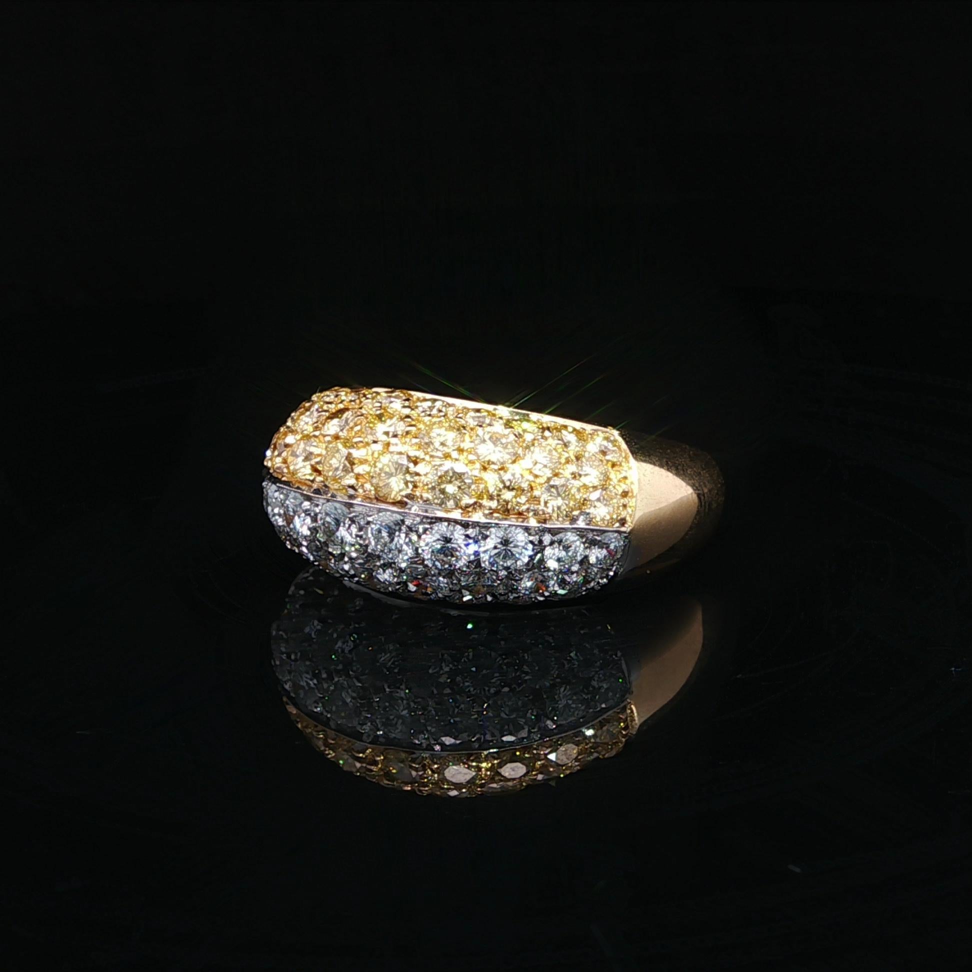 18k Yellow Gold GIA 3ctw Half Fancy Yellow & White Pave Diamond Bombe Band Ring For Sale 2