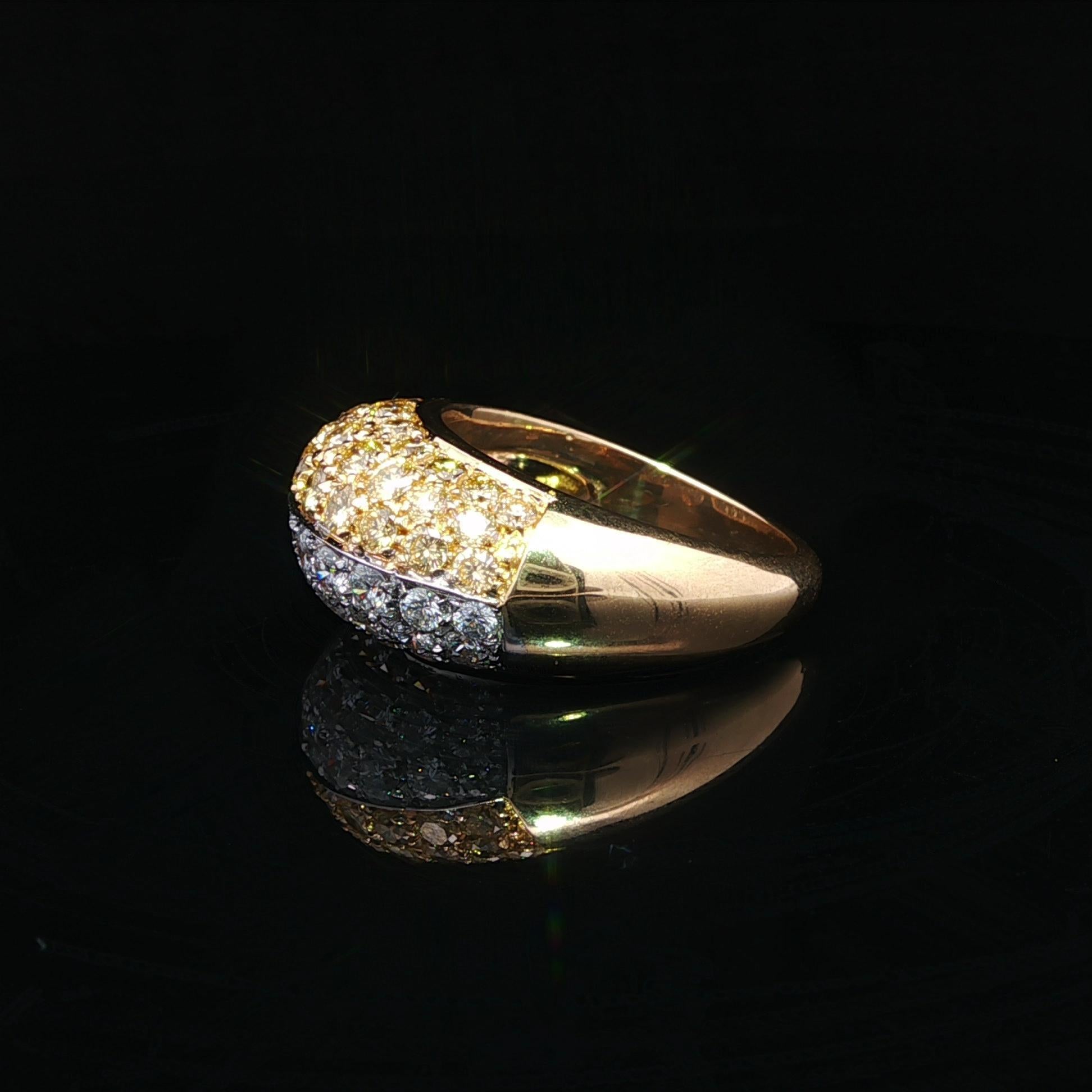 18k Yellow Gold GIA 3ctw Half Fancy Yellow & White Pave Diamond Bombe Band Ring For Sale 3