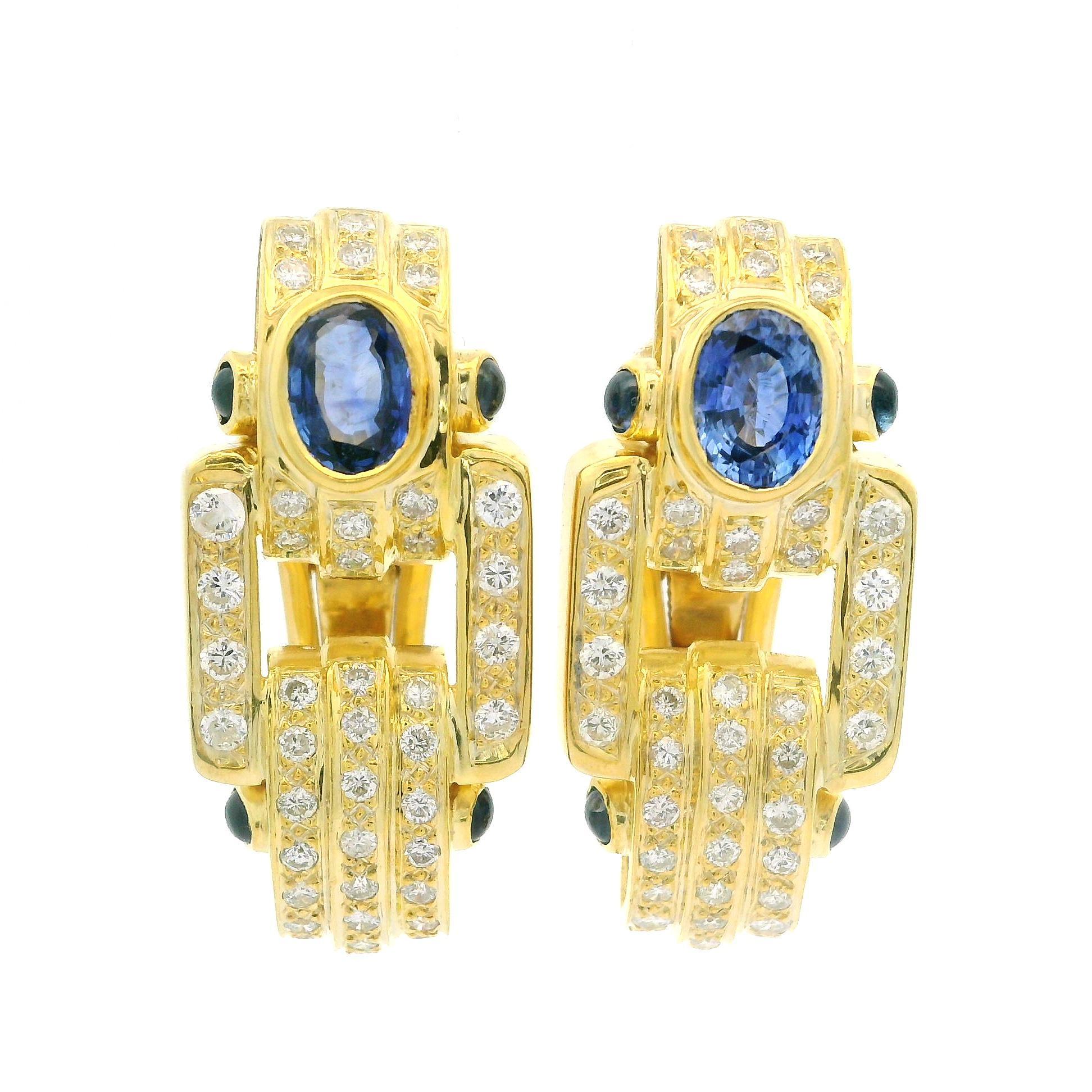 Boucles d'oreilles Omega en or jaune 18k GIA 4.50ctw saphir ovale et diamant en vente 5