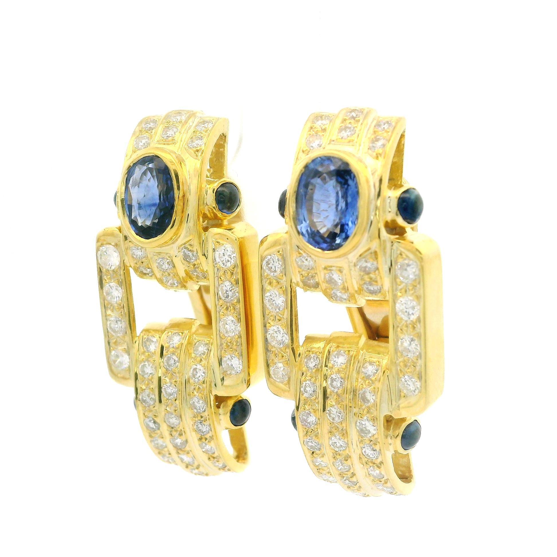Boucles d'oreilles Omega en or jaune 18k GIA 4.50ctw saphir ovale et diamant en vente 6