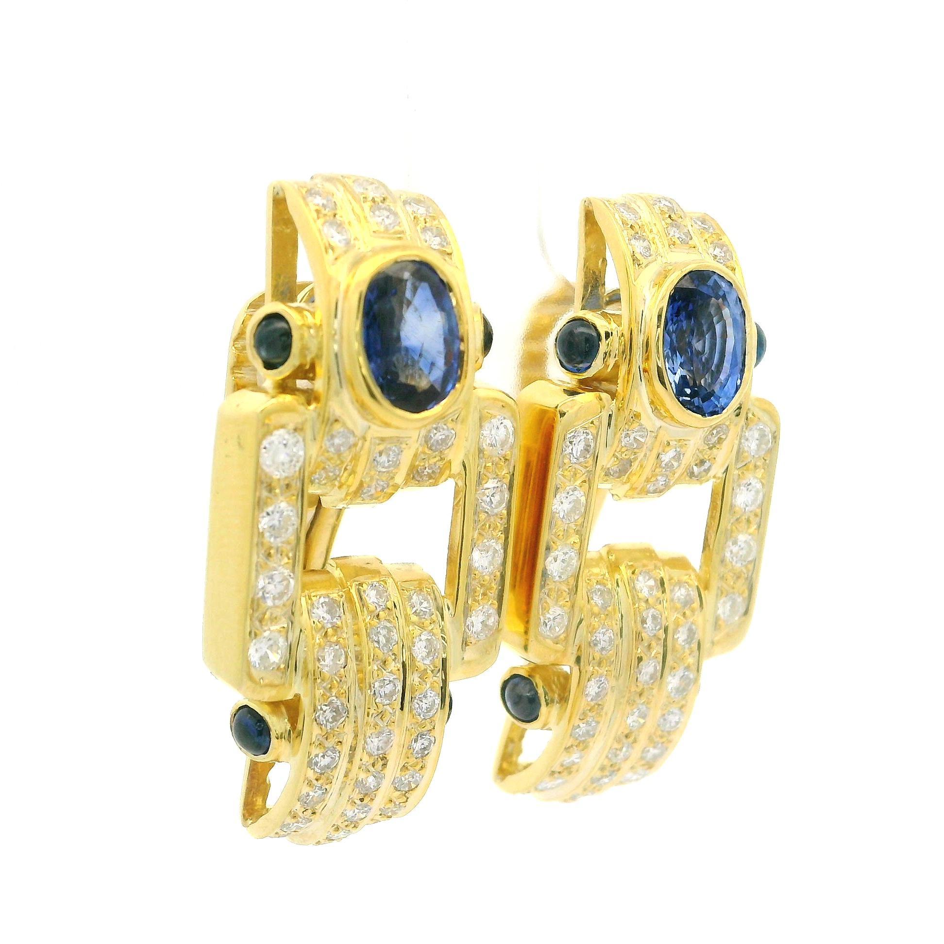 Boucles d'oreilles Omega en or jaune 18k GIA 4.50ctw saphir ovale et diamant en vente 7