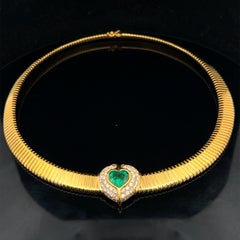 18K Yellow Gold GIA 4.54ctw Heart Emerald & Diamond Tubogas Accordion Necklace