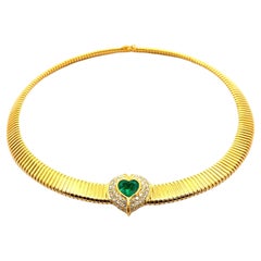 18K Yellow Gold GIA 4.54ctw Heart Emerald & Diamond Tubogas Accordion Necklace