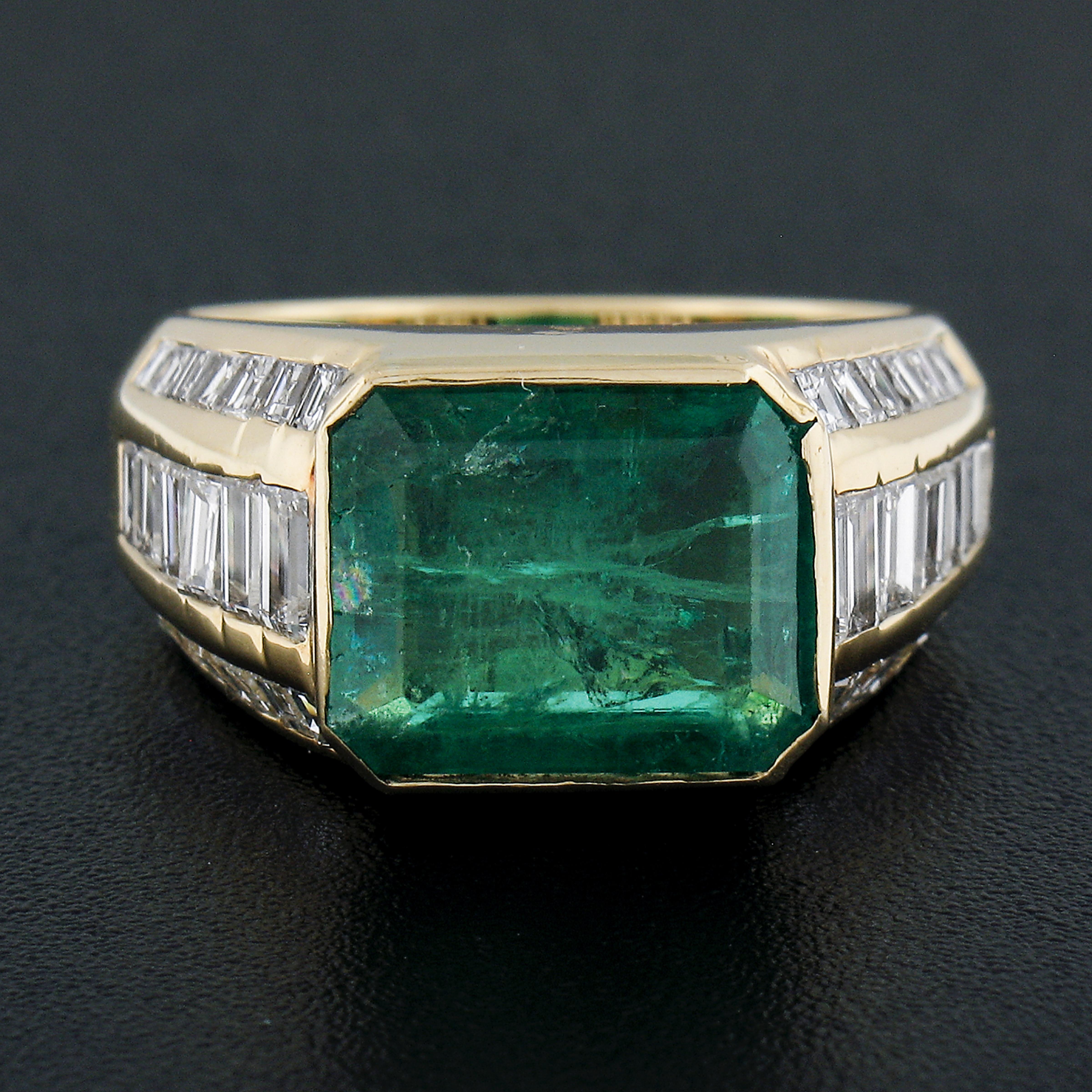 Octagon Cut 18k Yellow Gold Gia 4.65ctw Bezel Set Emerald & Diamond Statement Cocktail Ring For Sale