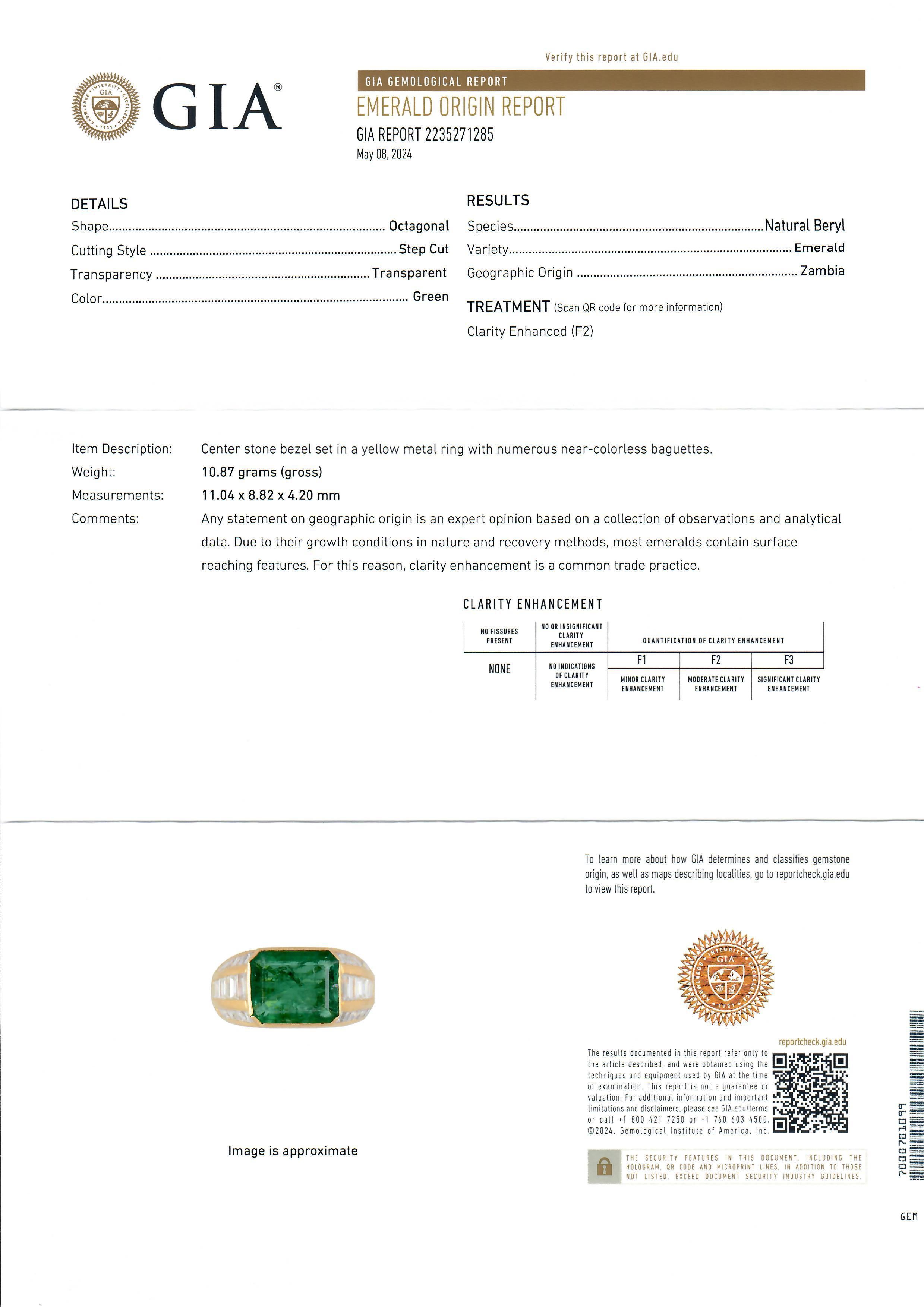18k Yellow Gold Gia 4.65ctw Bezel Set Emerald & Diamond Statement Cocktail Ring For Sale 4