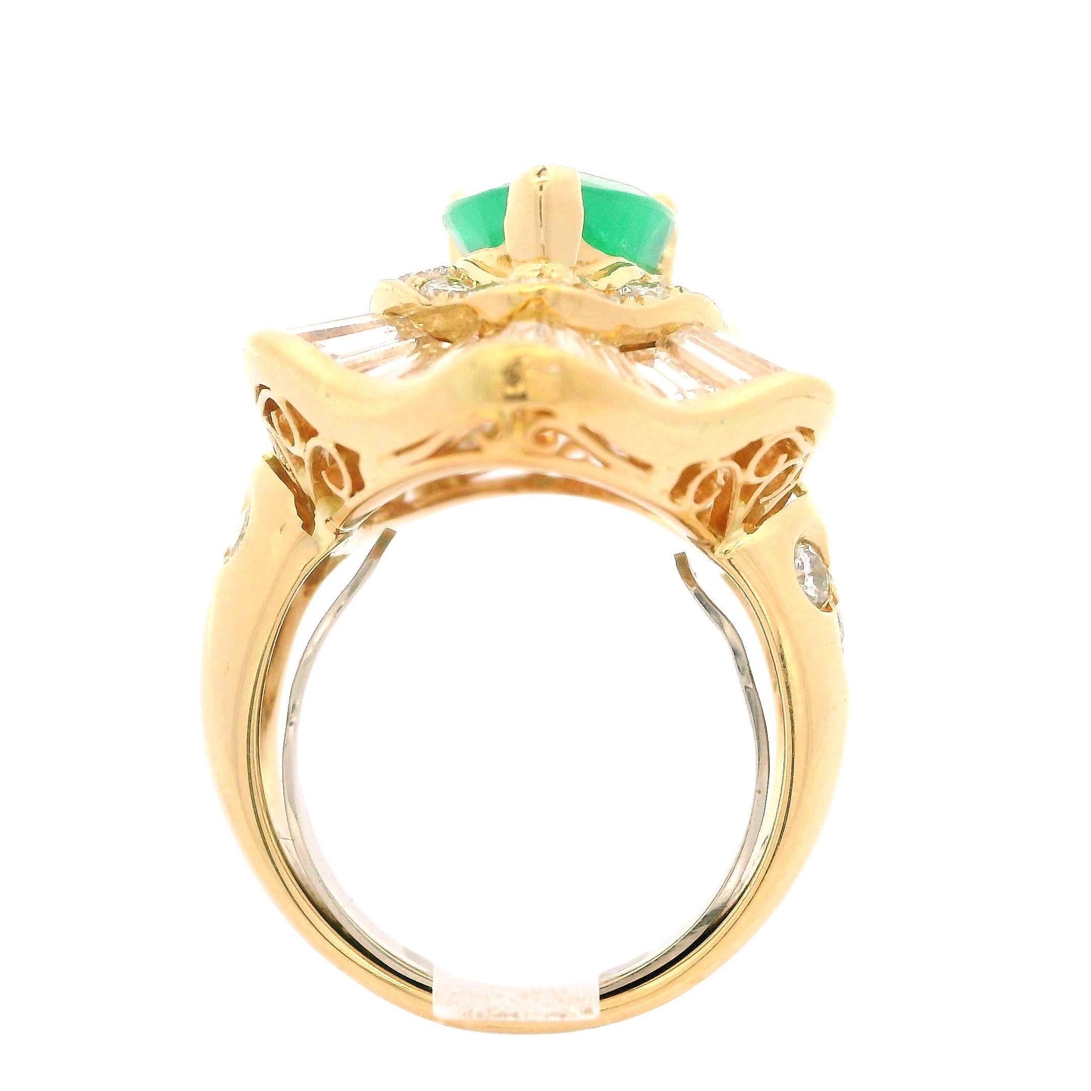 18k Yellow Gold GIA 5.05ctw Pear Cut Emerald & Diamond Wavy Ballerina Ring For Sale 10