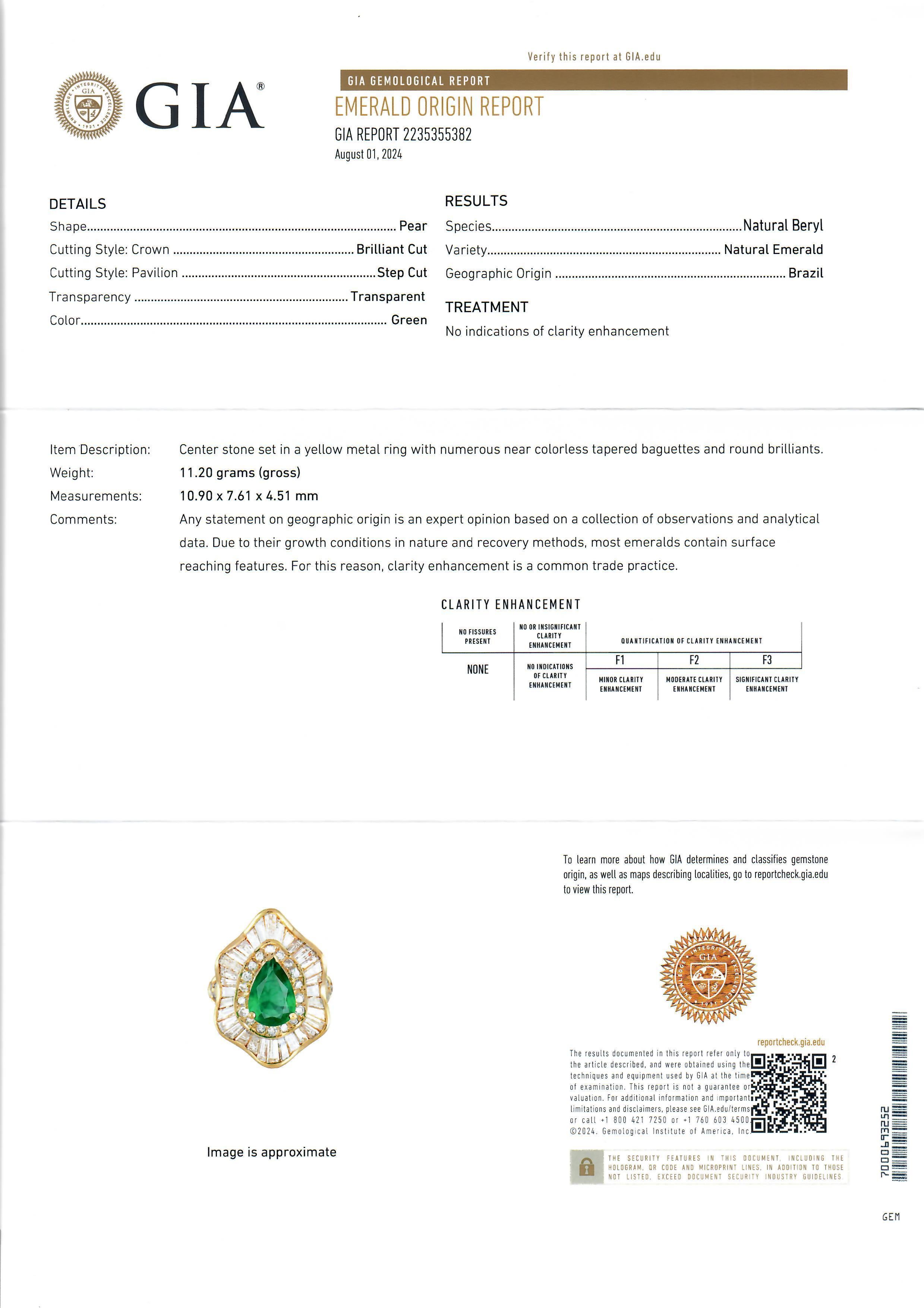 Women's 18k Yellow Gold GIA 5.05ctw Pear Cut Emerald & Diamond Wavy Ballerina Ring For Sale