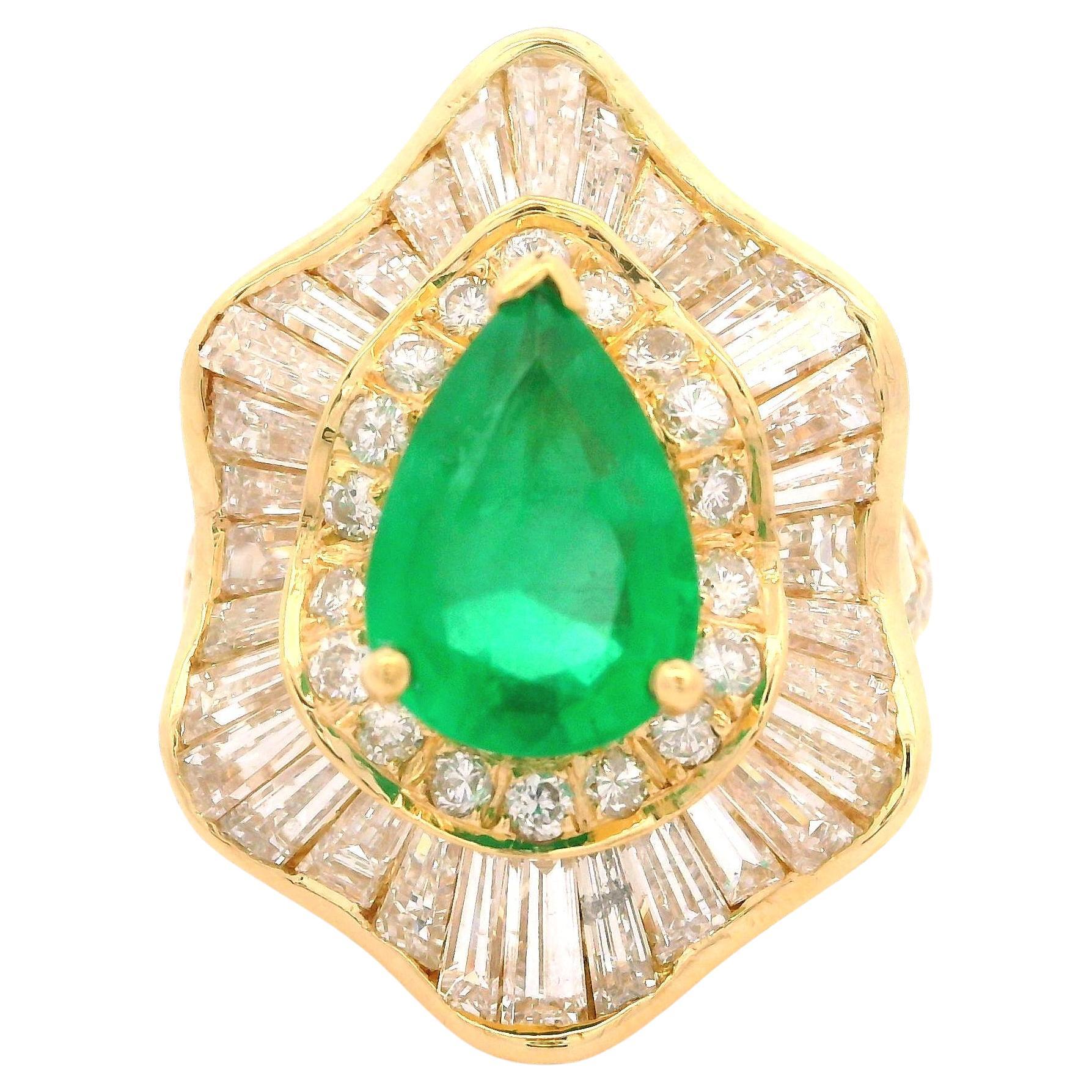 18k Yellow Gold GIA 5.05ctw Pear Cut Emerald & Diamond Wavy Ballerina Ring