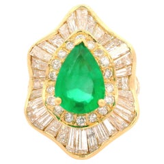 18k Yellow Gold GIA 5.05ctw Pear Cut Emerald & Diamond Wavy Ballerina Ring