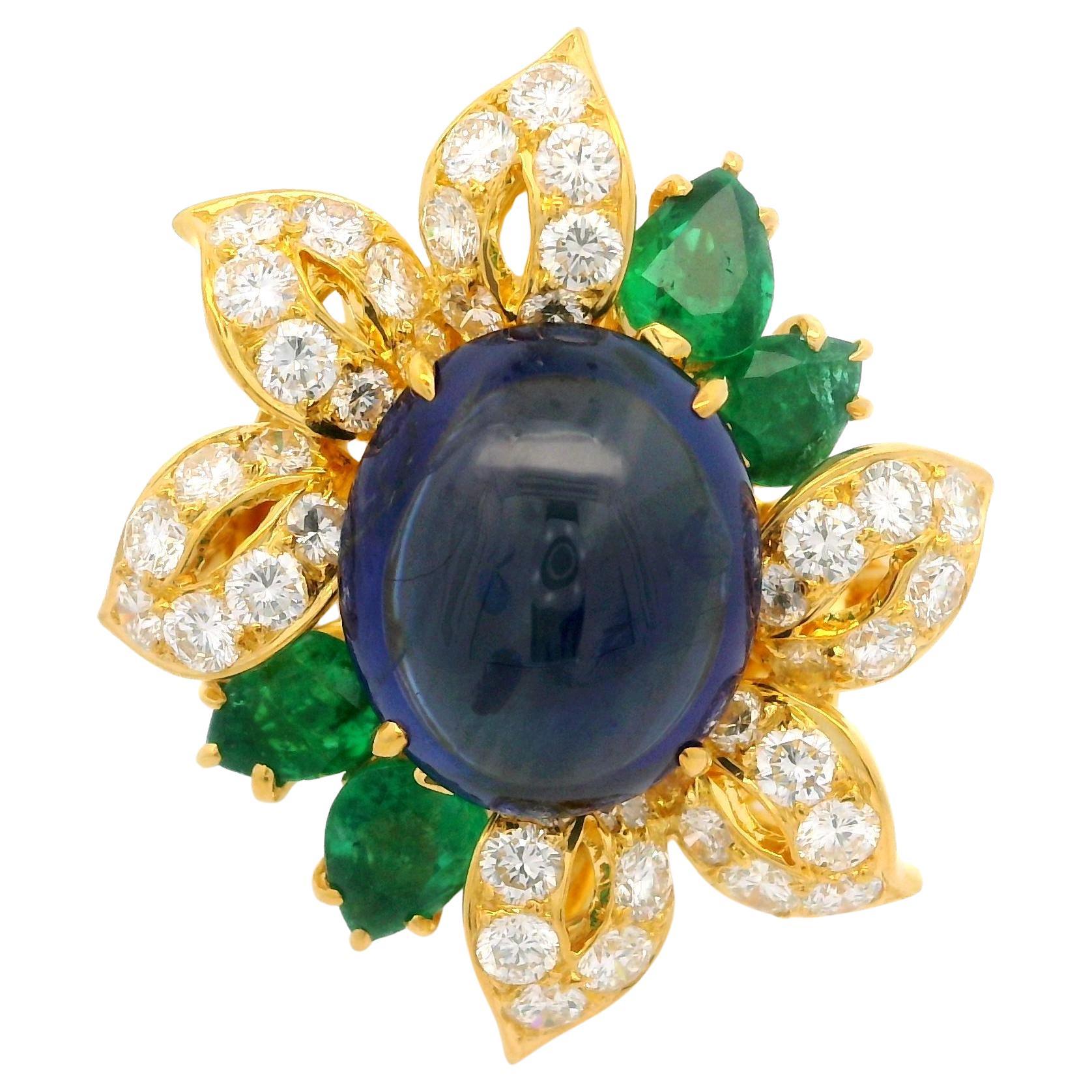 18k Yellow Gold GIA 7.27ctw Cabochon Sapphire Emerald & Diamond Floral Ring