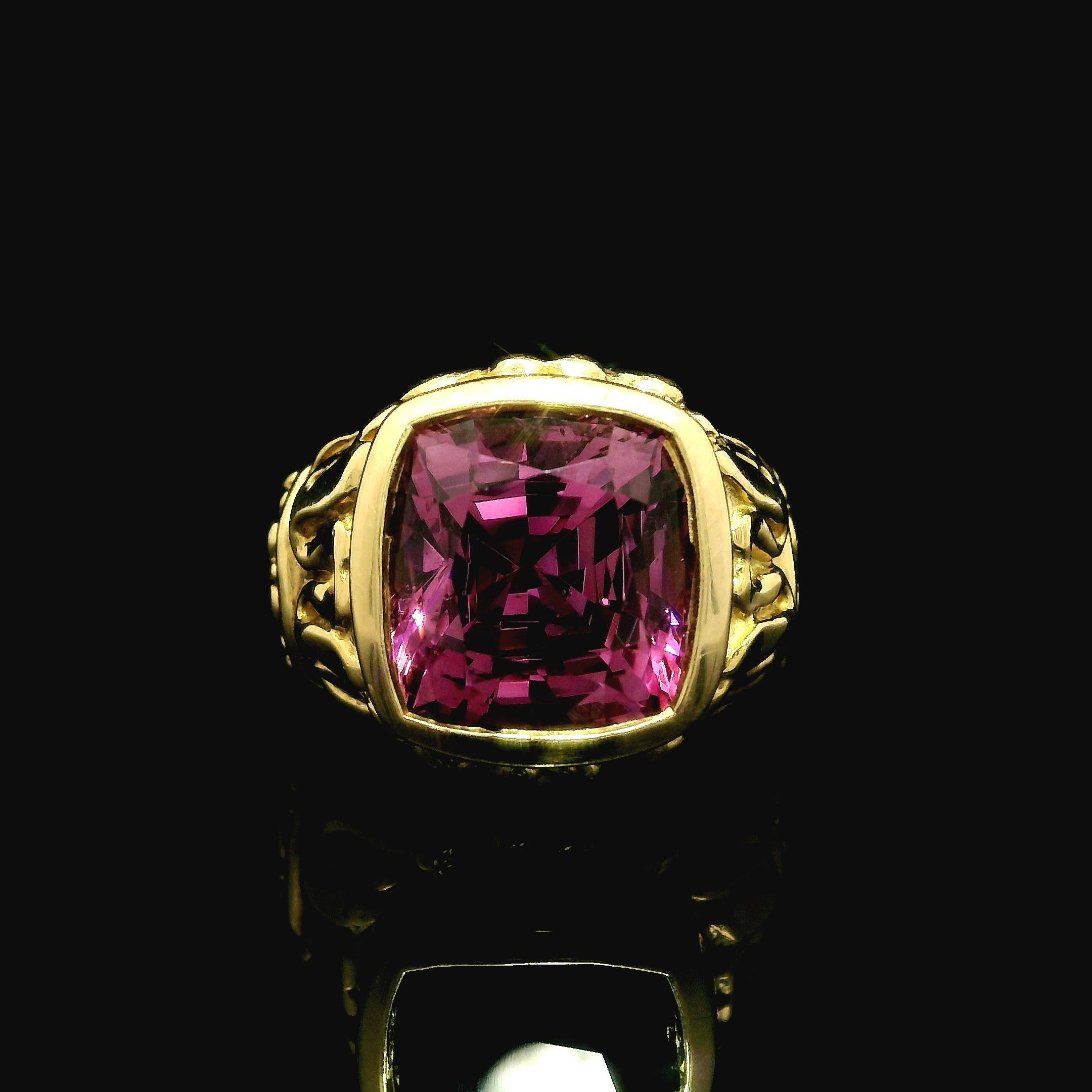--Stone(s):--
(1) Natural Genuine Spinel - Cushion Brilliant Cut - Bezel Set - Vivid Pink Color - NO HEAT - Burma
** See Certification Details Below for Complete Info **
Total Carat Weight: 7.6 (exact)

Material: Solid 18k Yellow Gold
Weight: 12.21