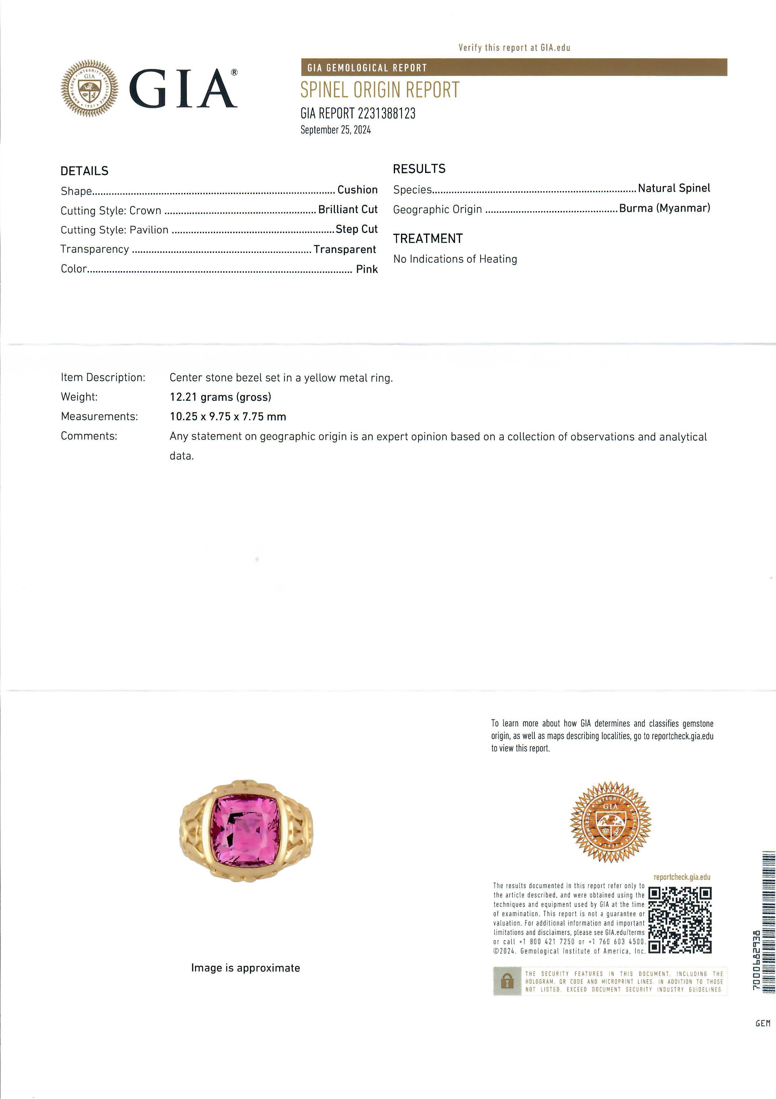 18k Yellow Gold GIA 7.6ct No Heat Burma Pink Spinel Bezel Solitaire Ring In Good Condition For Sale In Montclair, NJ