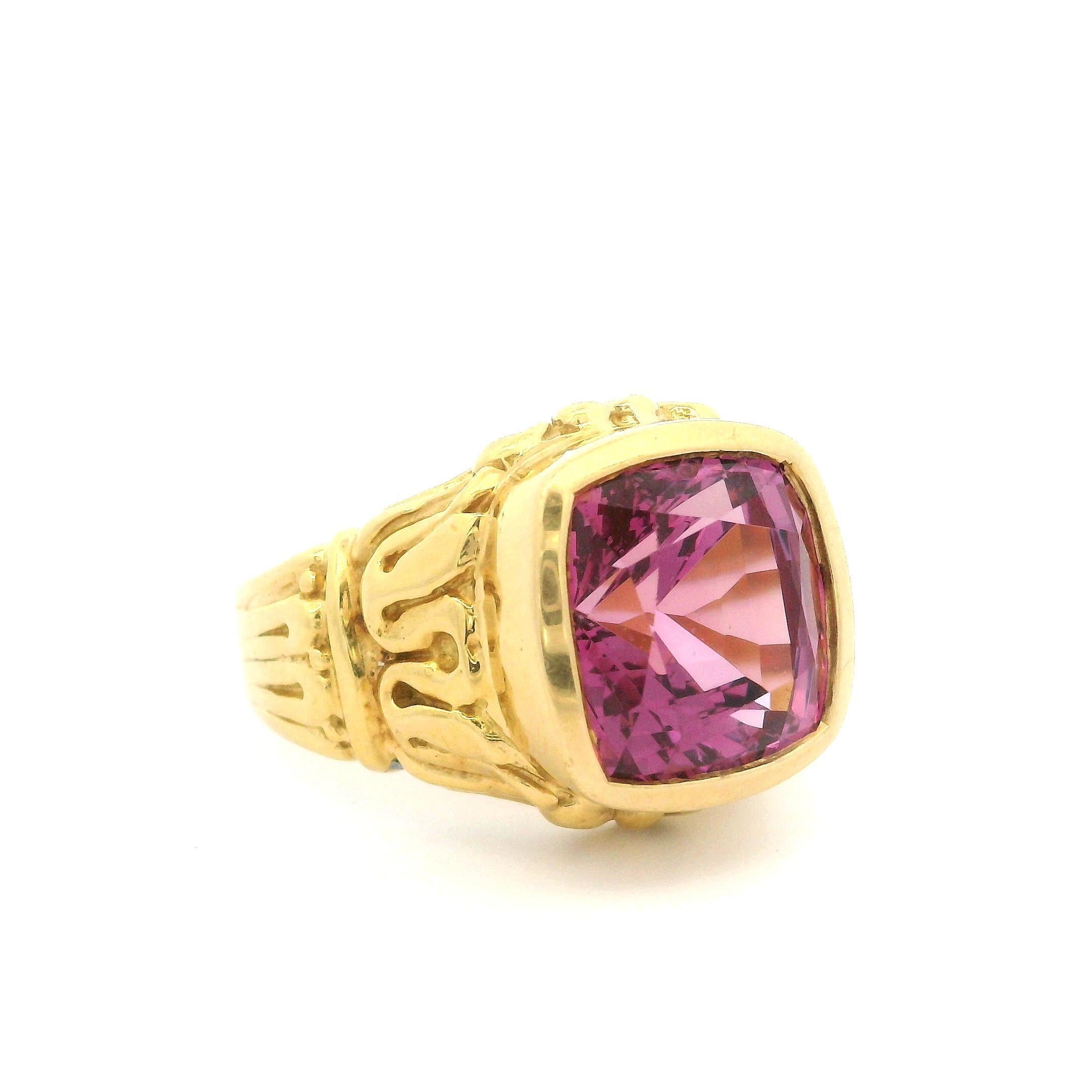 18k Yellow Gold GIA 7.6ct No Heat Burma Pink Spinel Bezel Solitaire Ring For Sale 1