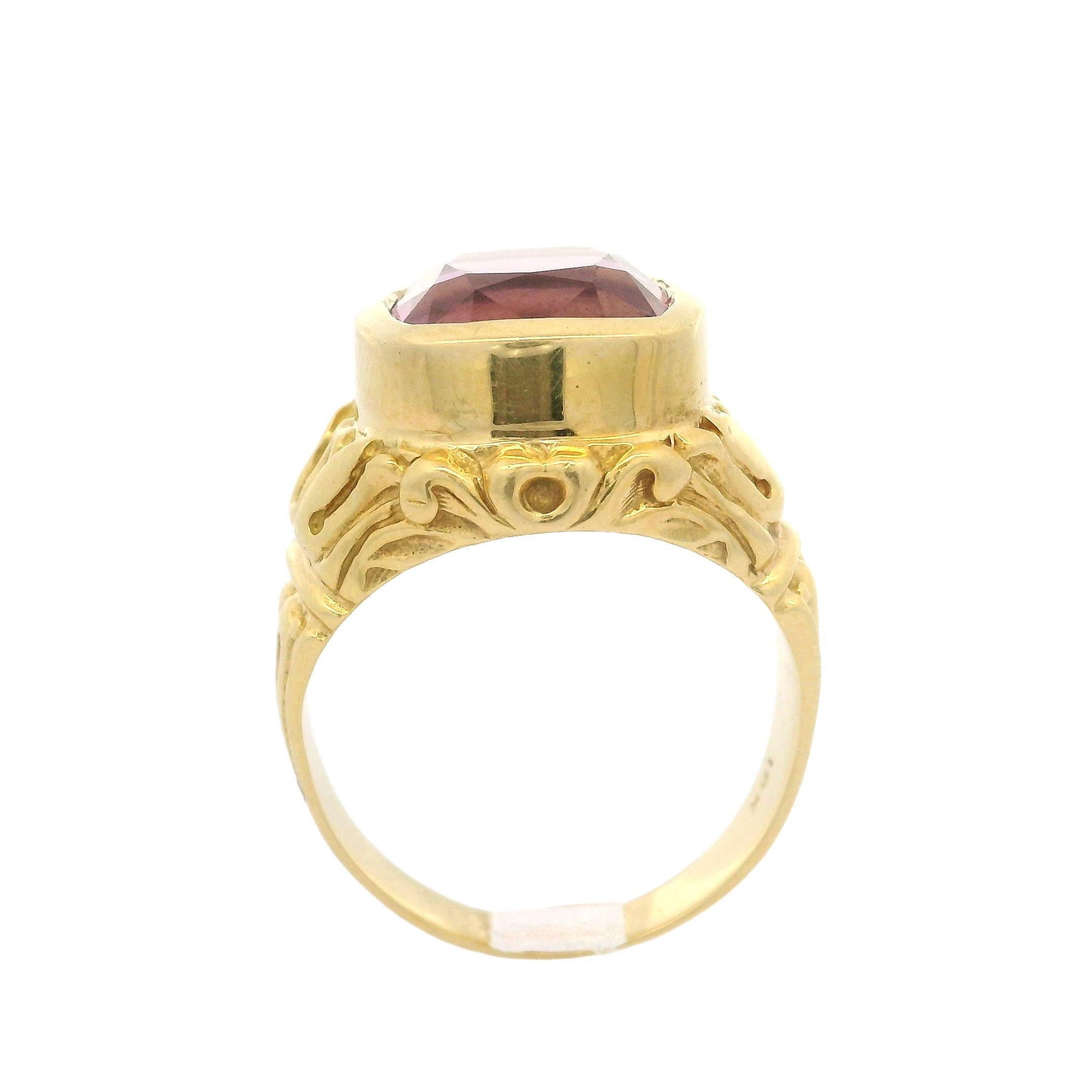 18k Yellow Gold GIA 7.6ct No Heat Burma Pink Spinel Bezel Solitaire Ring For Sale 4