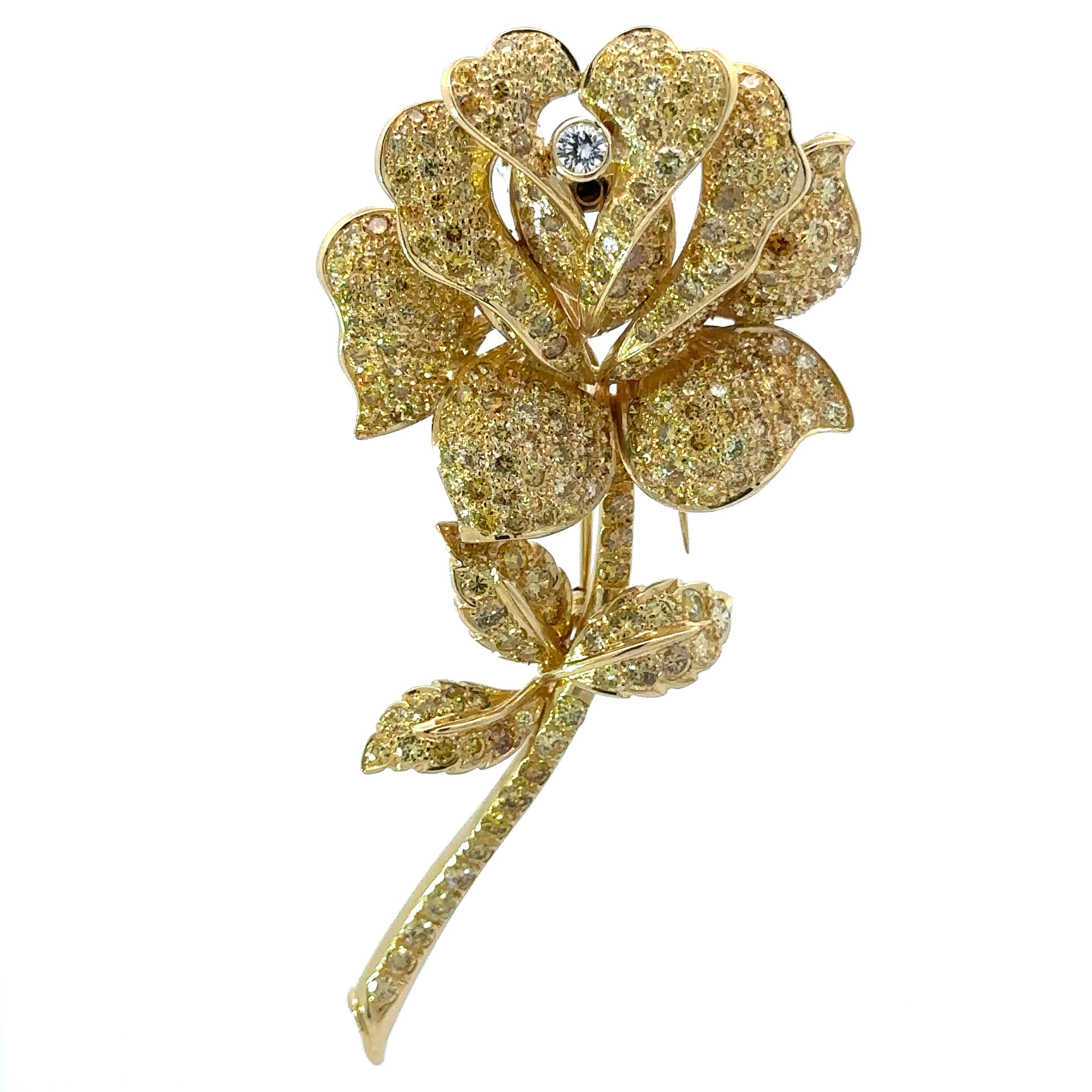 18k Yellow Gold GIA 8.50ctw Fancy Yellow Diamond Large Rose Flower Pin Brooch