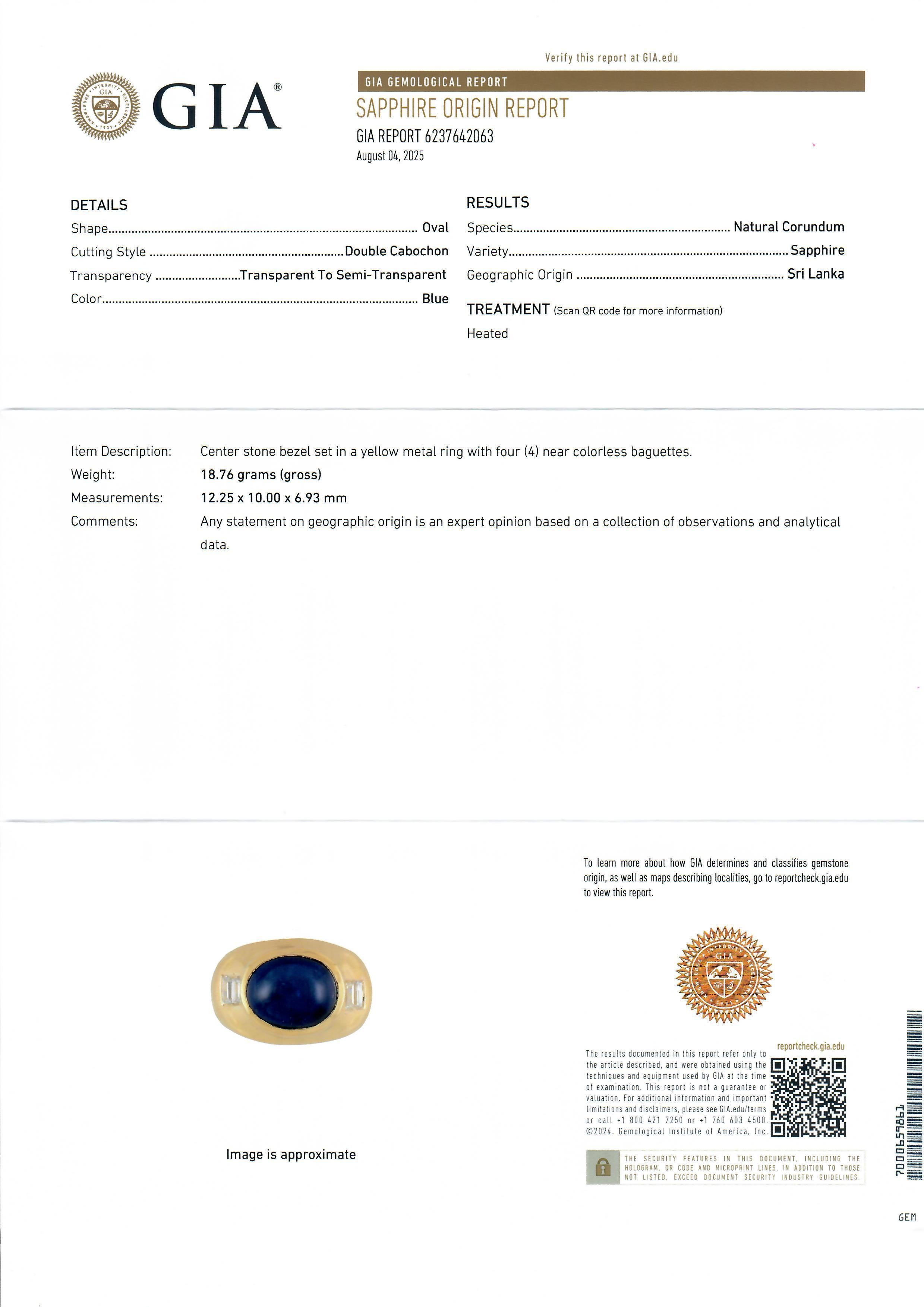 Anello in oro giallo 18k GIA con zaffiro ovale cabochon da 9,8 carati e diamanti baguette ai lati in vendita 7
