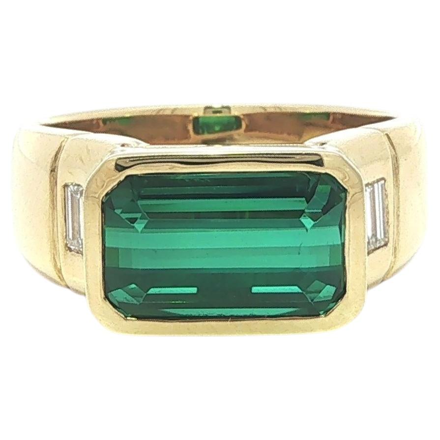 18k Yellow Gold GIA Bezel Emerald Cut Green Tourmaline Diamond East West Ring