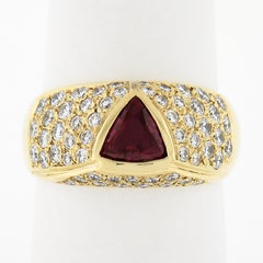 18K Yellow Gold GIA Bezel Triangular Ruby Solitaire Pave Diamond Dome Band Ring
